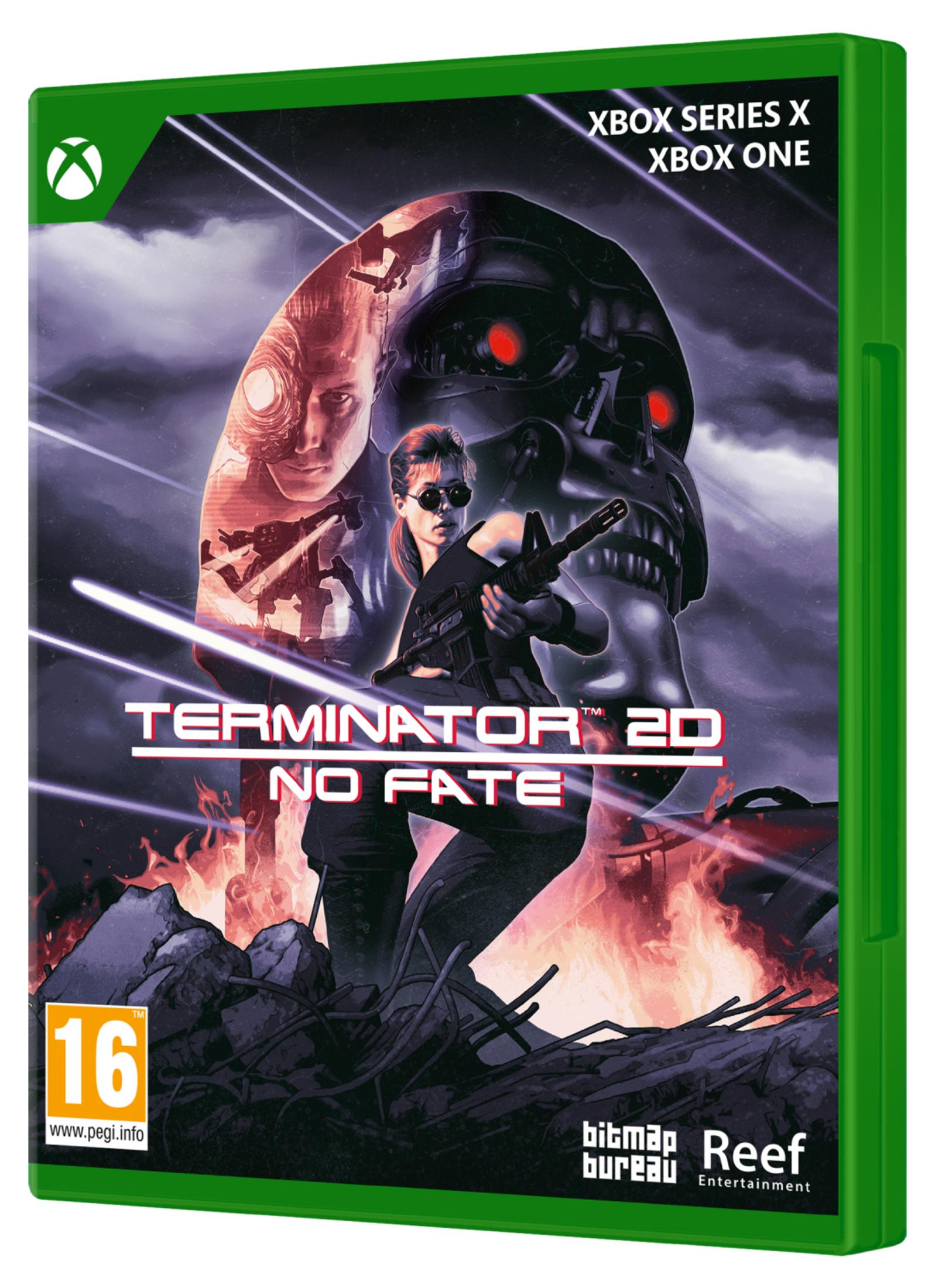 Copertina di Terminator 2D: No Fate per Xbox, con Sarah Connor e un teschio Terminator.
