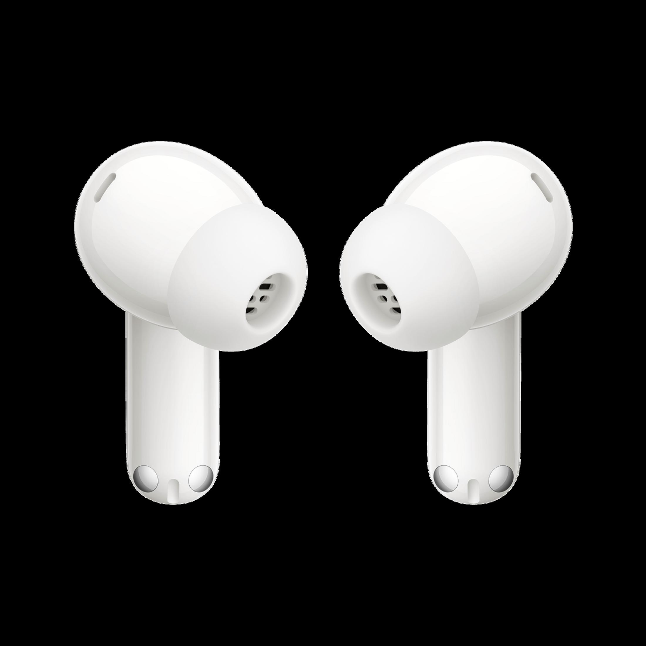 Due auricolari wireless bianchi con porte di ricarica su sfondo nero.