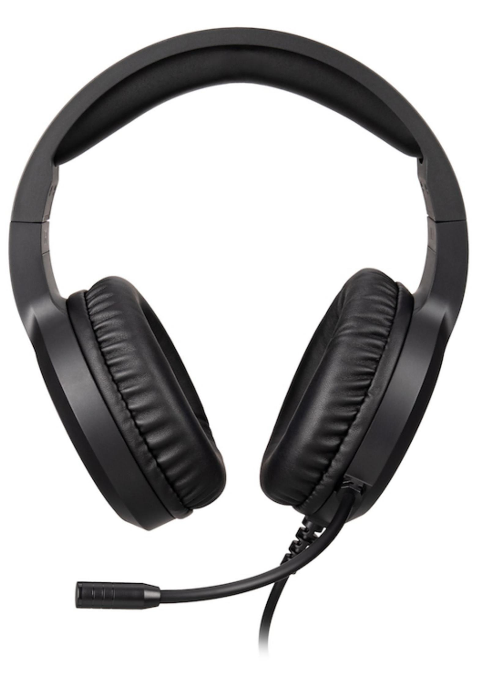 Auriculares negros con micrófono, sobre fondo blanco.