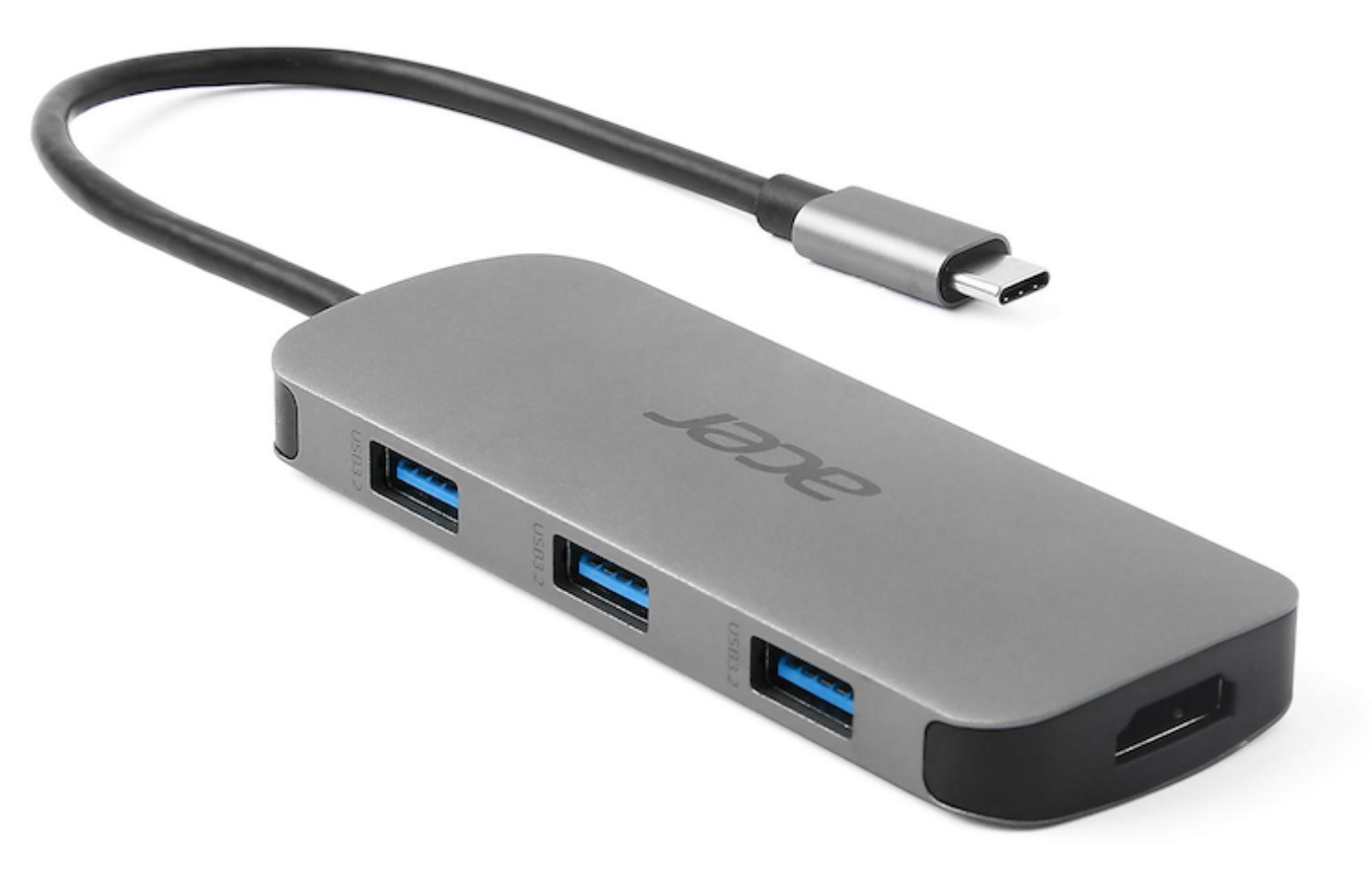 Grauer Acer USB-C Hub mit drei USB-A-Anschlüssen und einem HDMI-Anschluss.