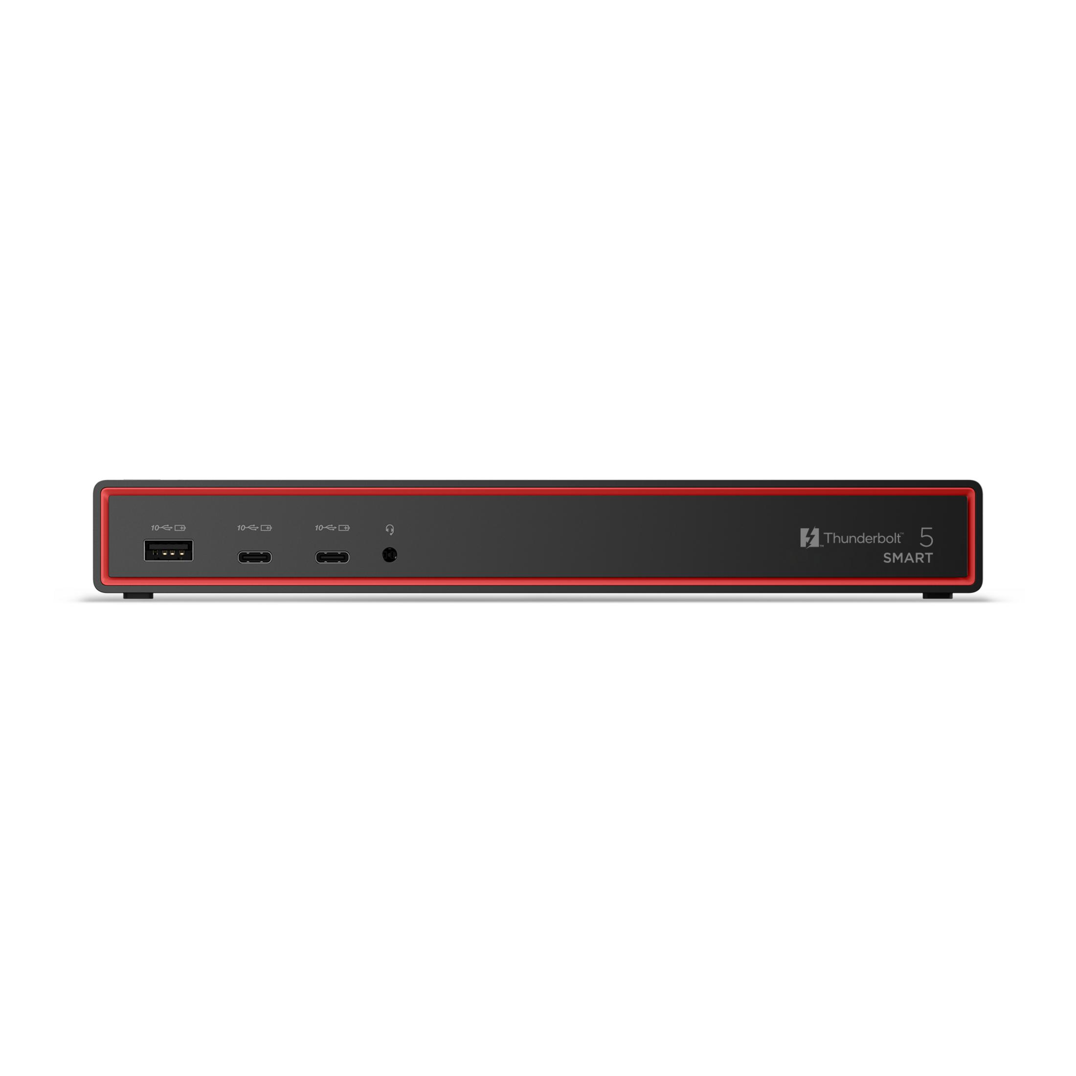 Dispositivo intelligente nero Thunderbolt 5 con accenti rossi, porte USB-C e jack per cuffie.