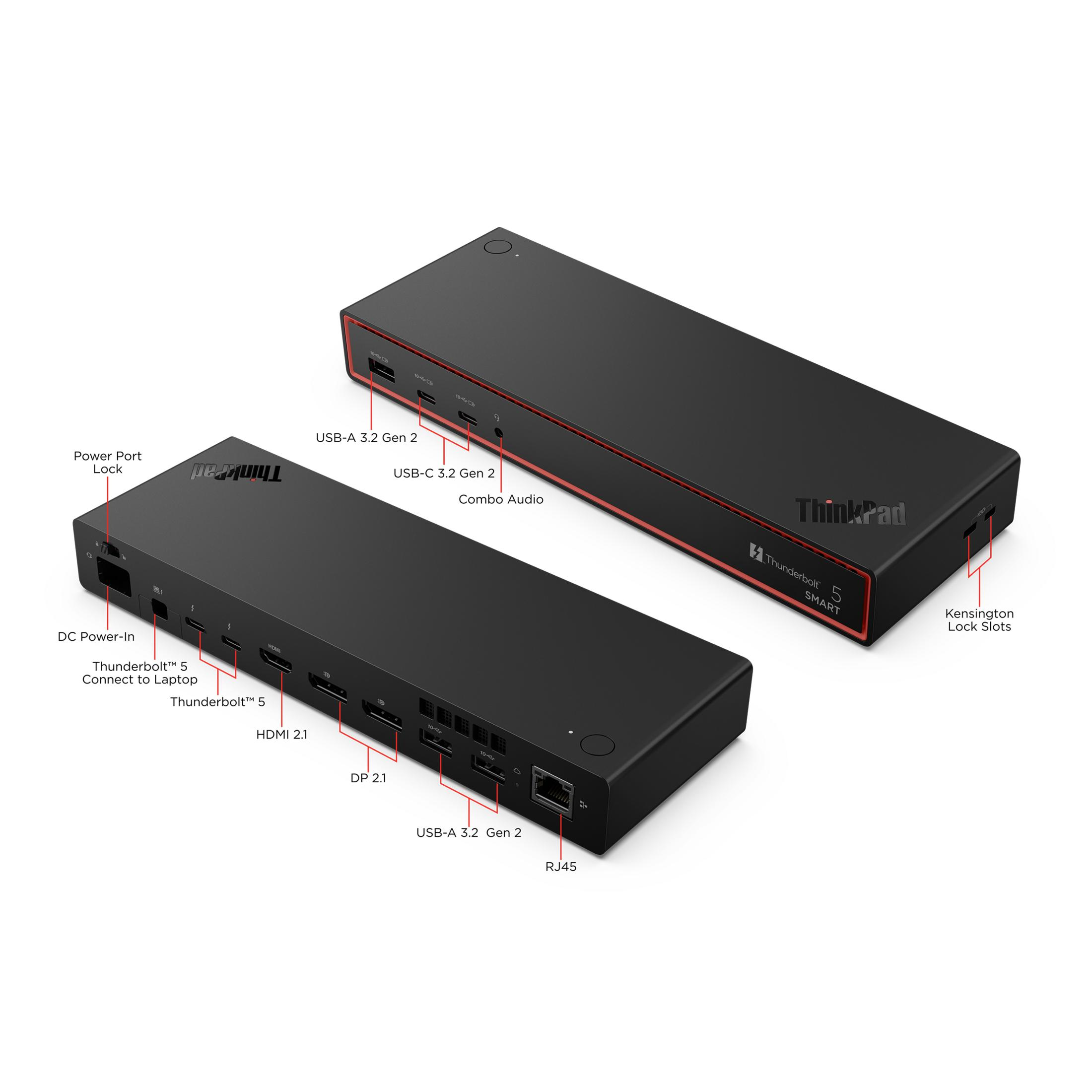 Due docking station ThinkPad nere con accenti rossi, porte etichettate.
