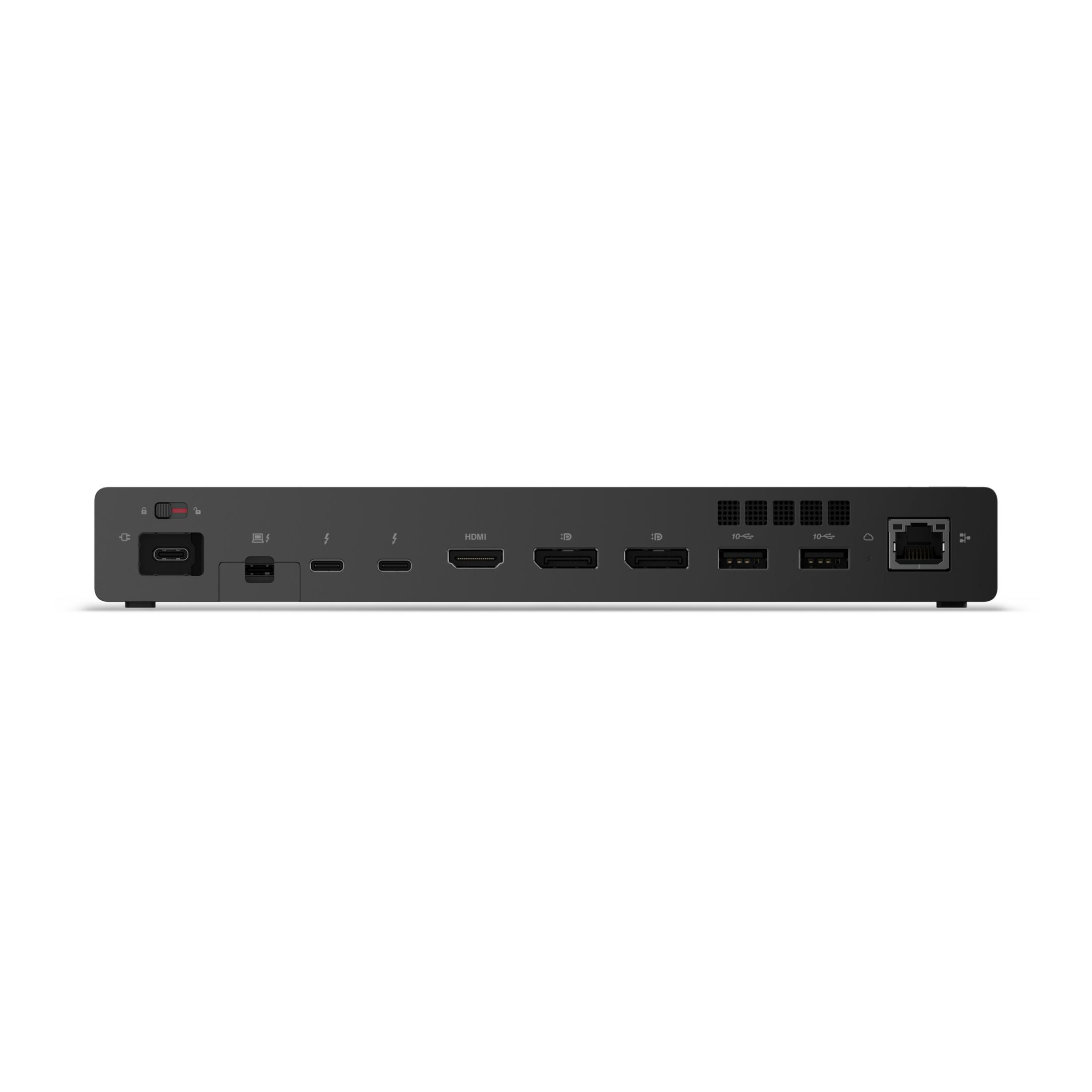 Retro di una docking station nera con porte: USB-C, HDMI, USB-A, Ethernet.