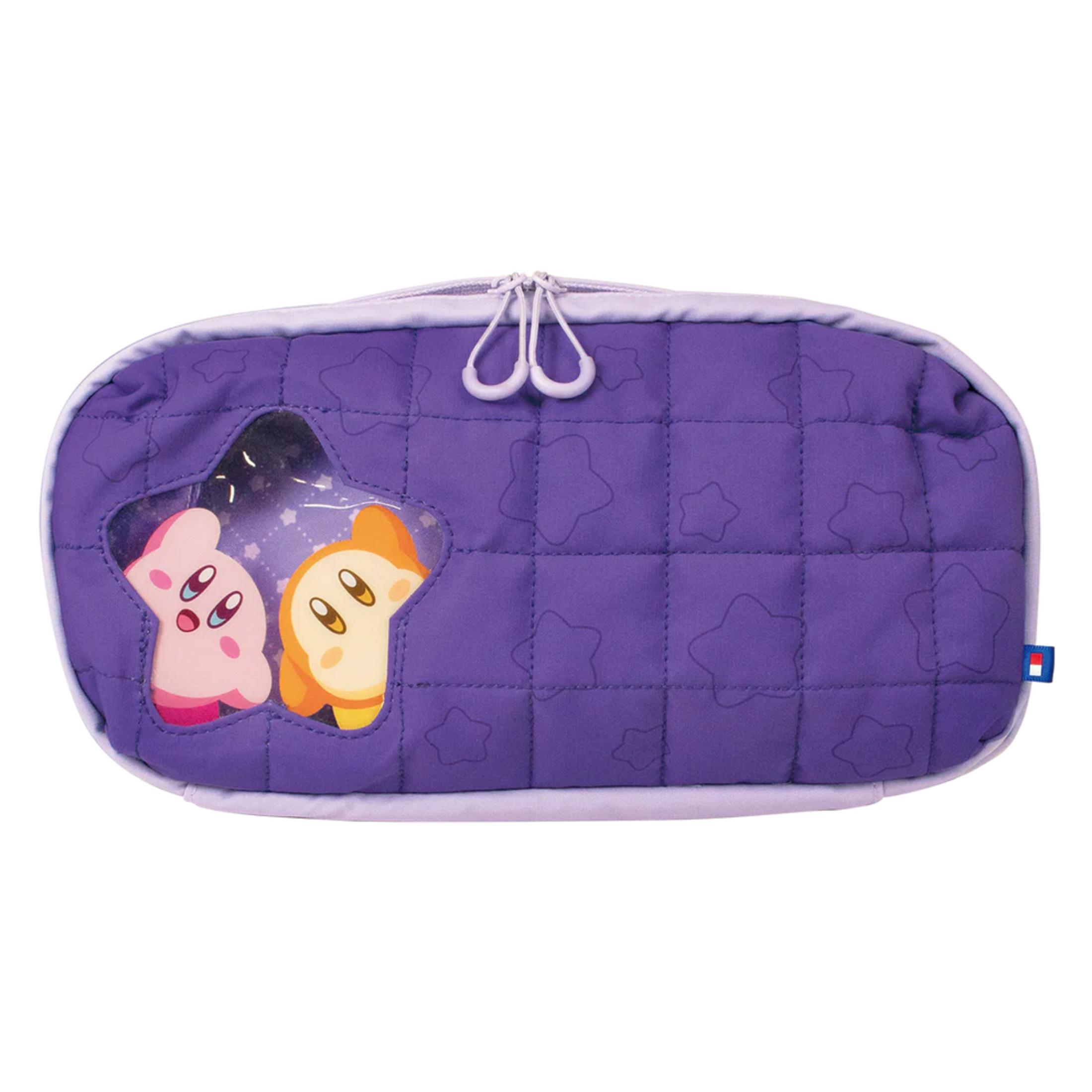 Neceser morado con dos personajes de Kirby en una ventana estrella.