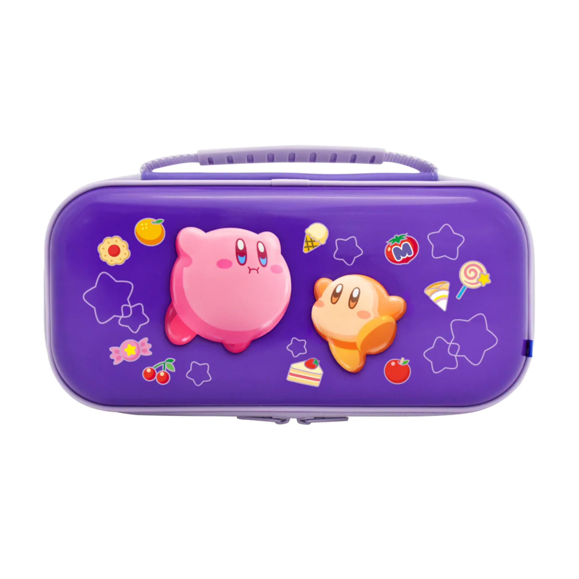Funda morada con diseños de Kirby: dos Kirby, caramelos, pastel, helado.