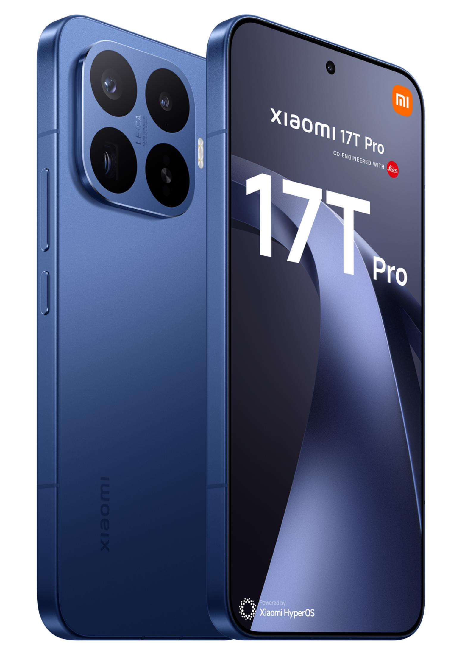 Ein blauer Xiaomi 17T Pro mit Leica-Kamera auf der Rückseite und dem Bildschirm.