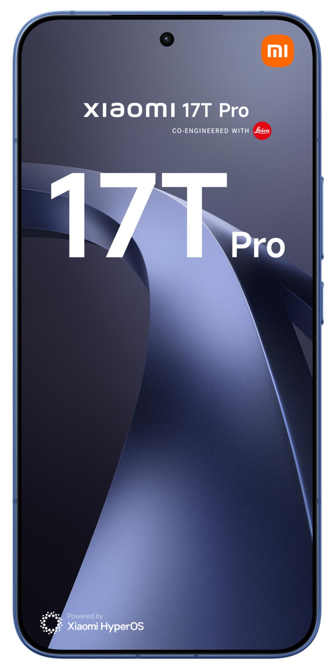 Xiaomi 17T Pro auf blauem Hintergrund mit abstraktem Design.