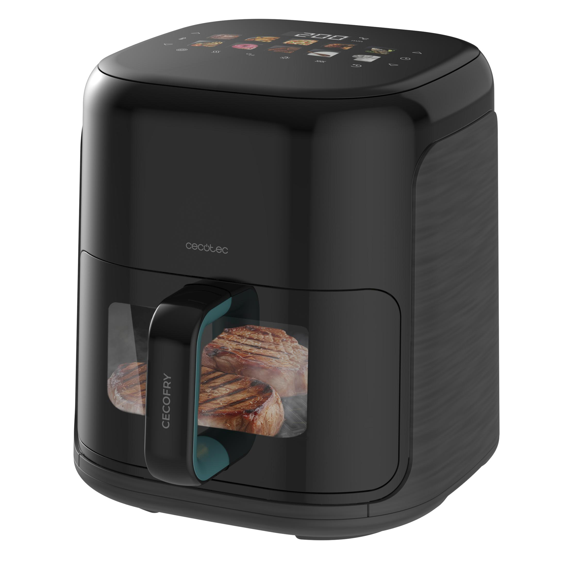 Friggitrice ad aria nera con bistecche visibili e display digitale.