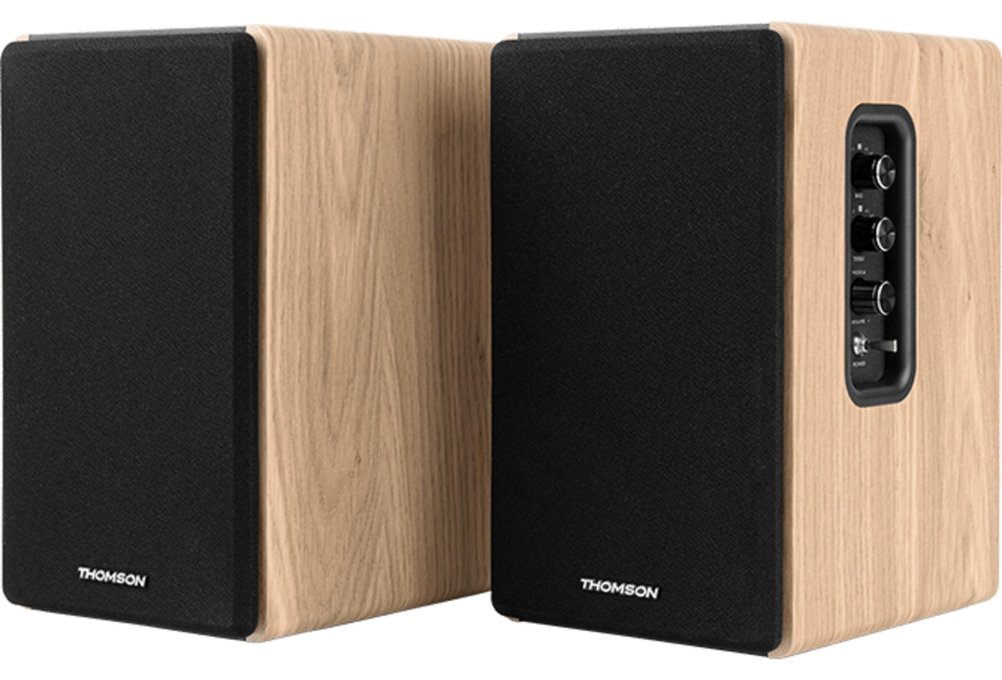 Due altoparlanti neri con cassa in legno e logo Thomson.
