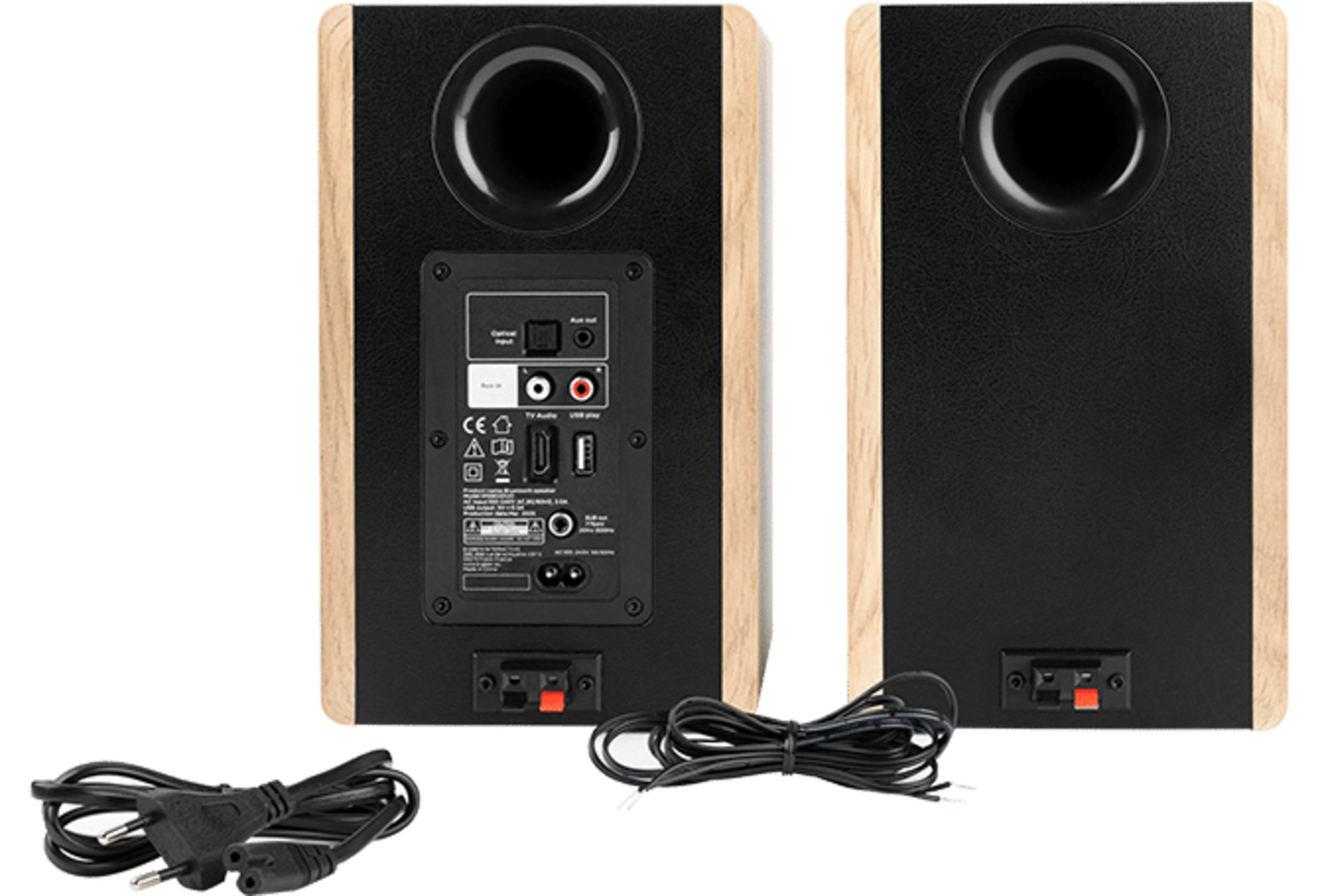 Due altoparlanti neri con finiture in legno e cavi, pannello posteriore con connessioni.