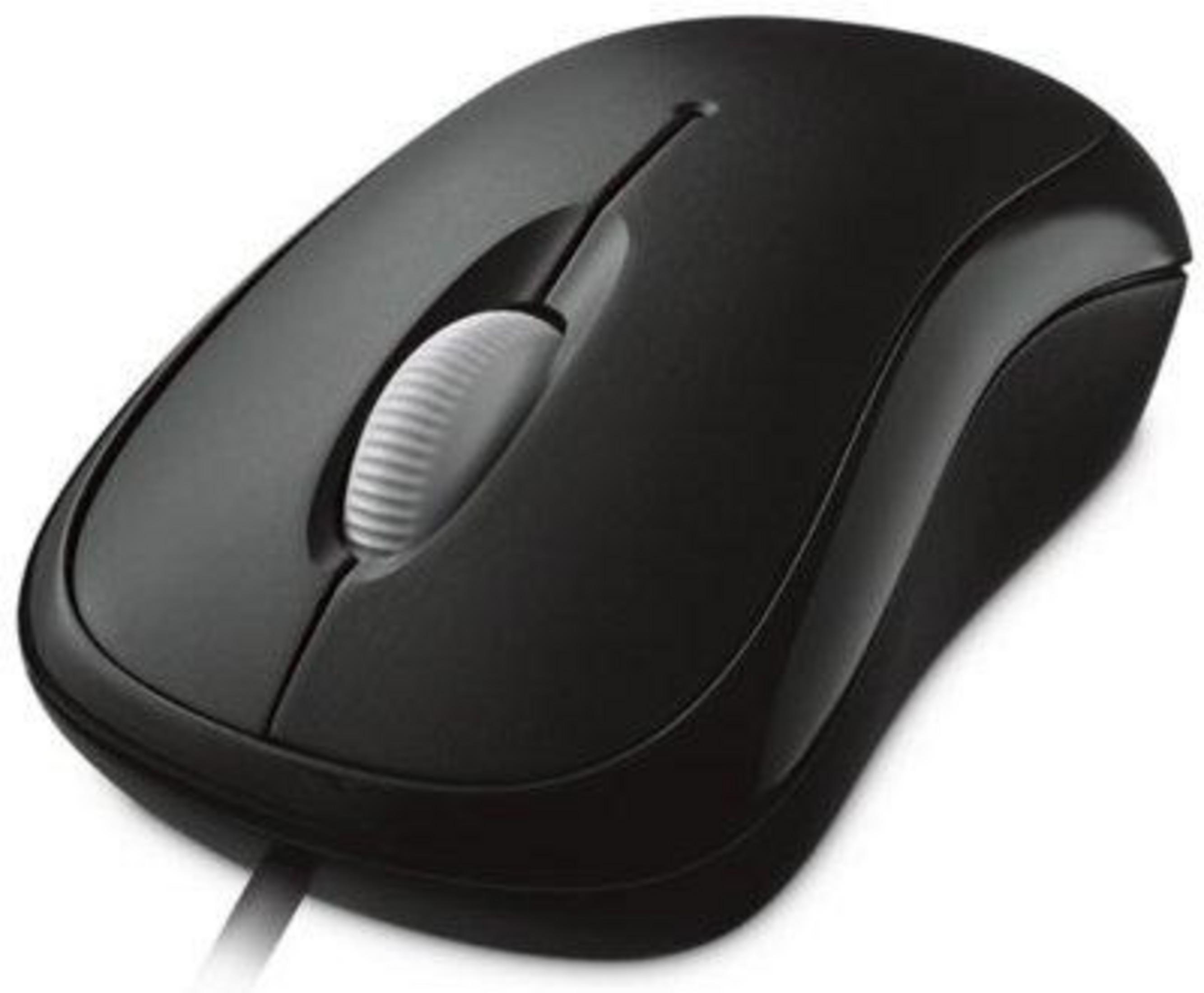 Mouse del computer nero con rotellina di scorrimento e cavo su sfondo bianco.