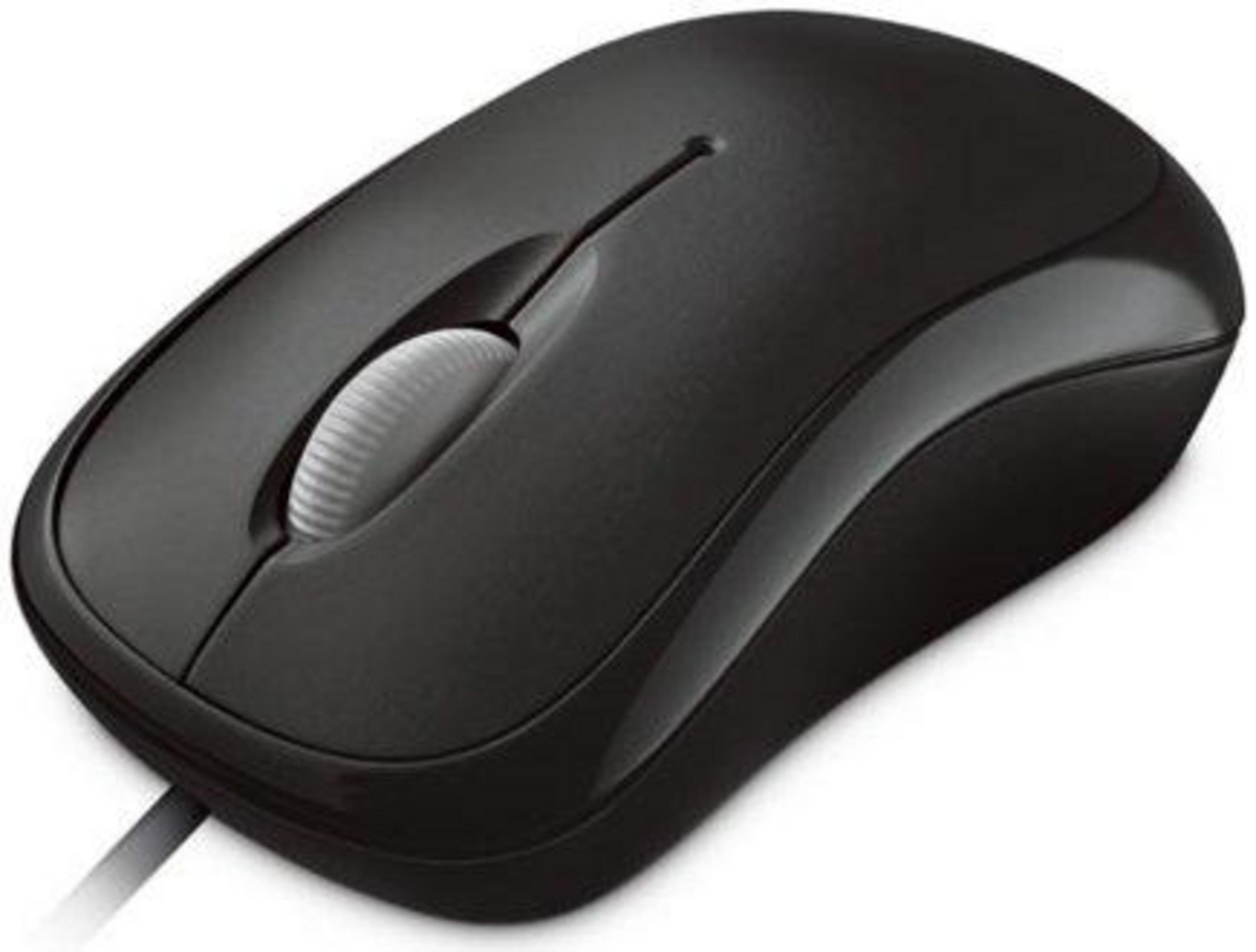 Mouse del computer nero con rotellina di scorrimento e cavo su sfondo bianco.