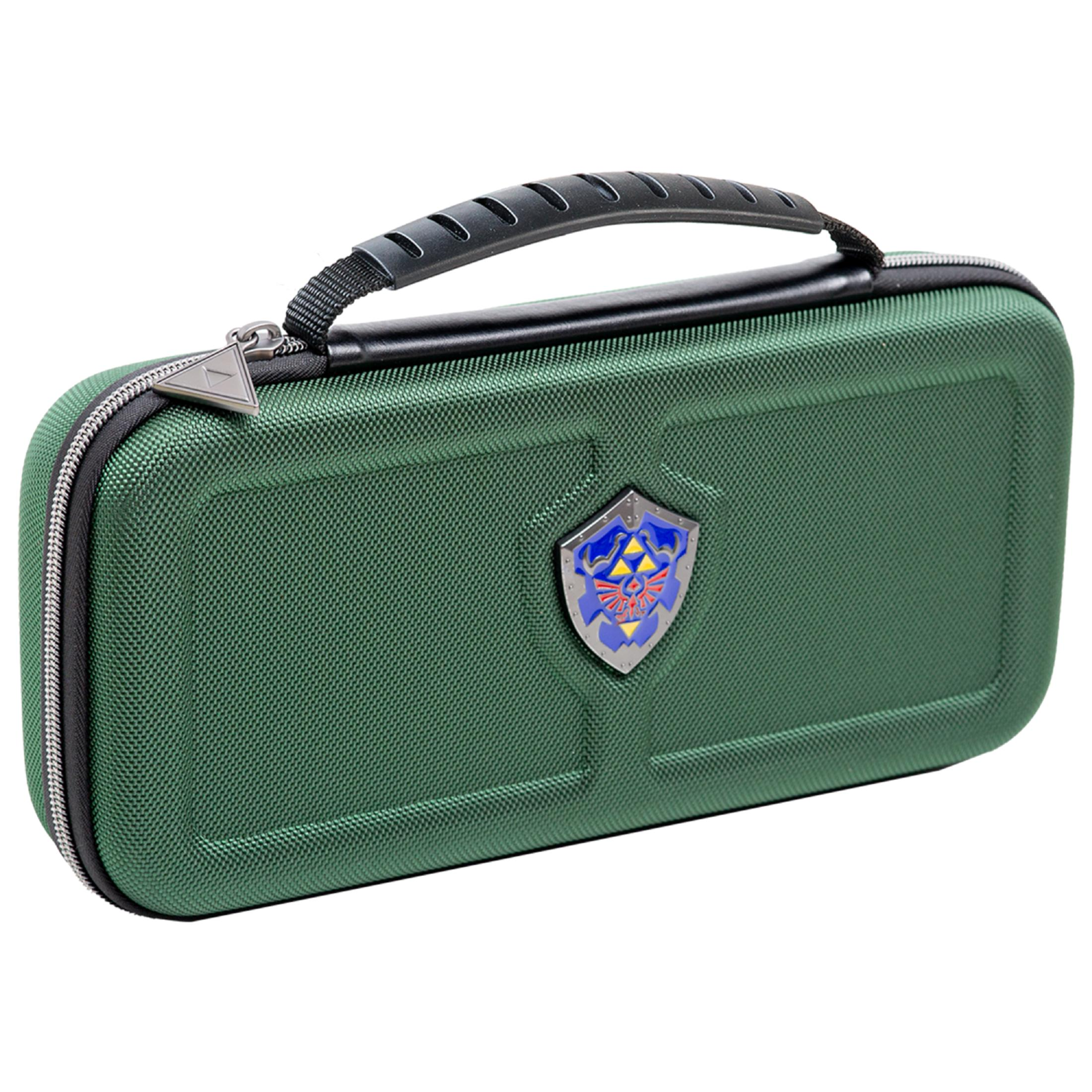 Funda verde con asa y logo del escudo de Zelda.