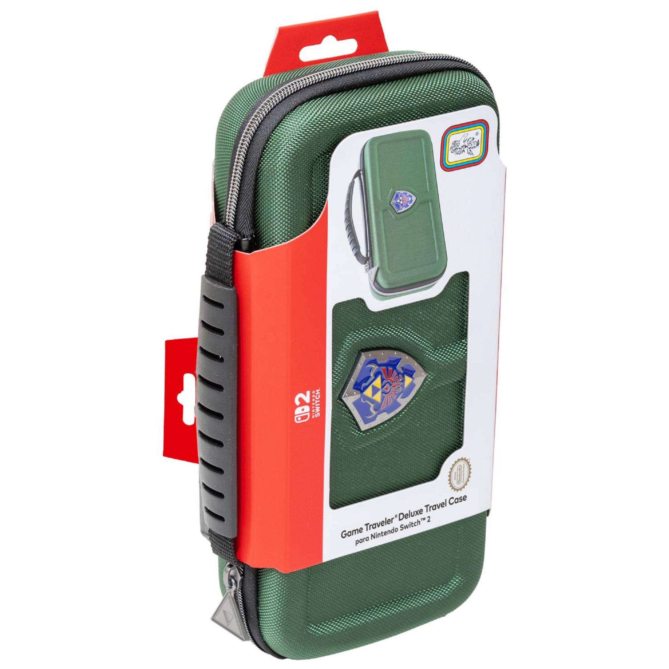 Funda verde para Nintendo Switch con logo de Escudo Hyliano y asa.