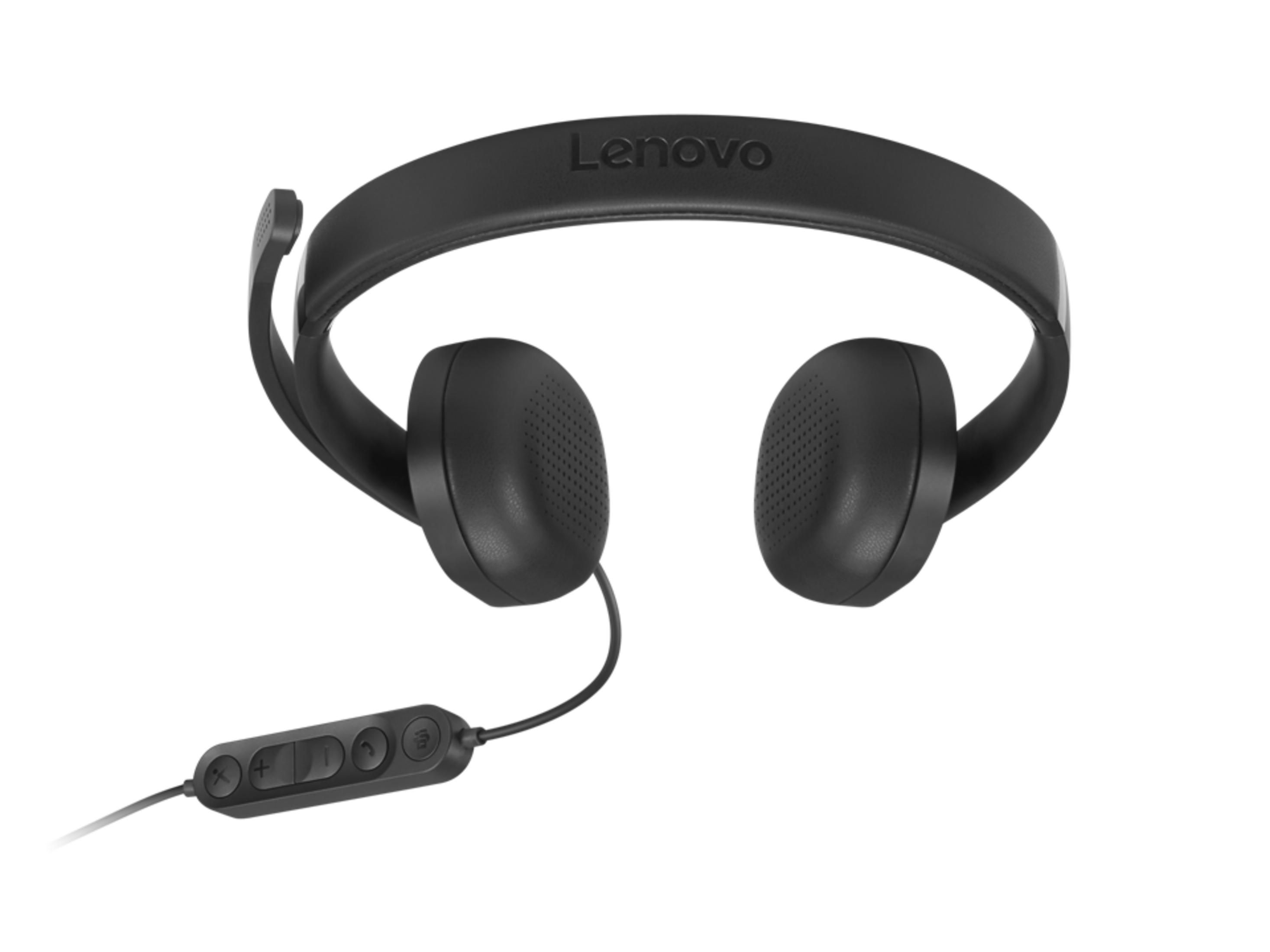 Cuffie Lenovo nere con microfono e controlli in linea.