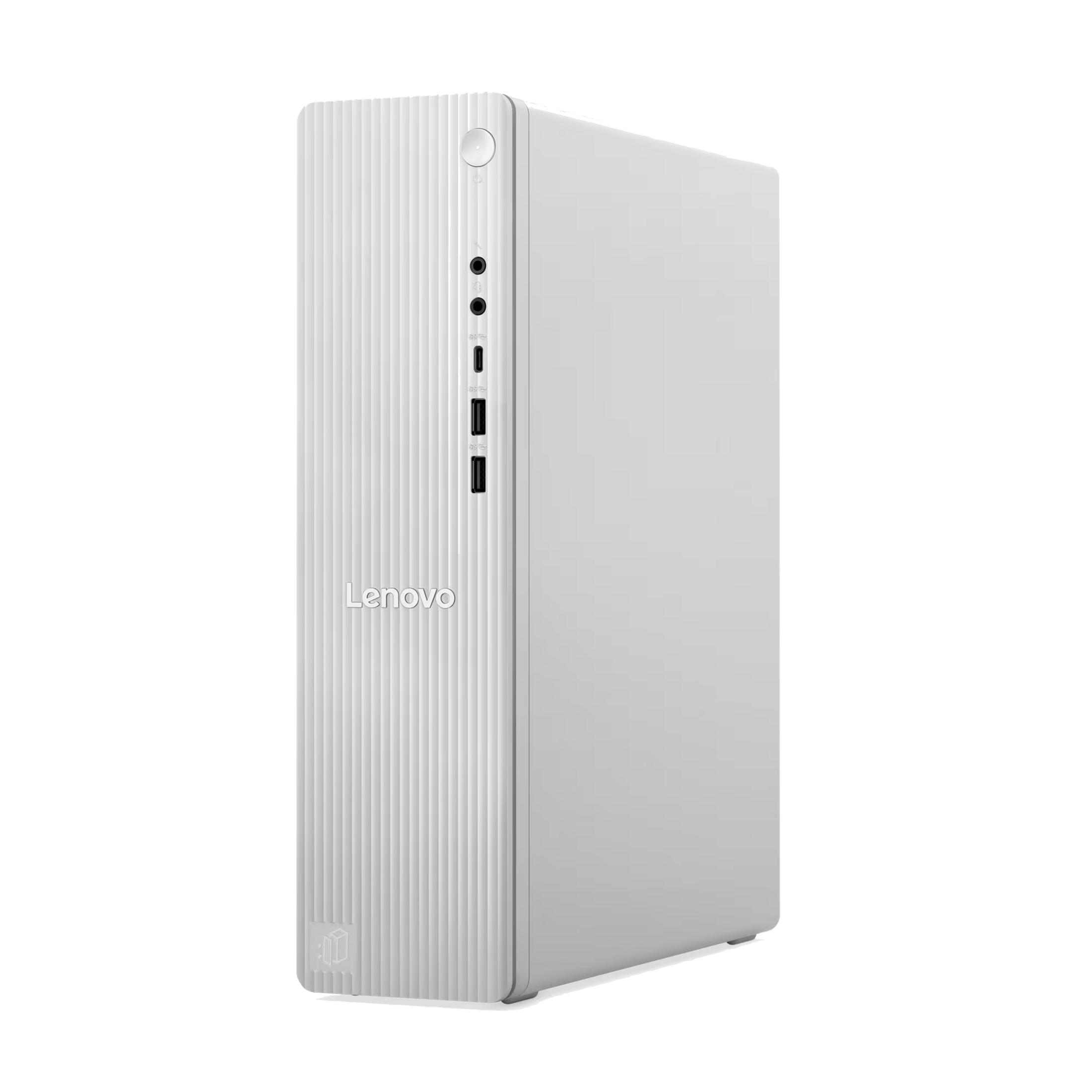 Un PC desktop Lenovo bianco con scanalature verticali sul pannello frontale.