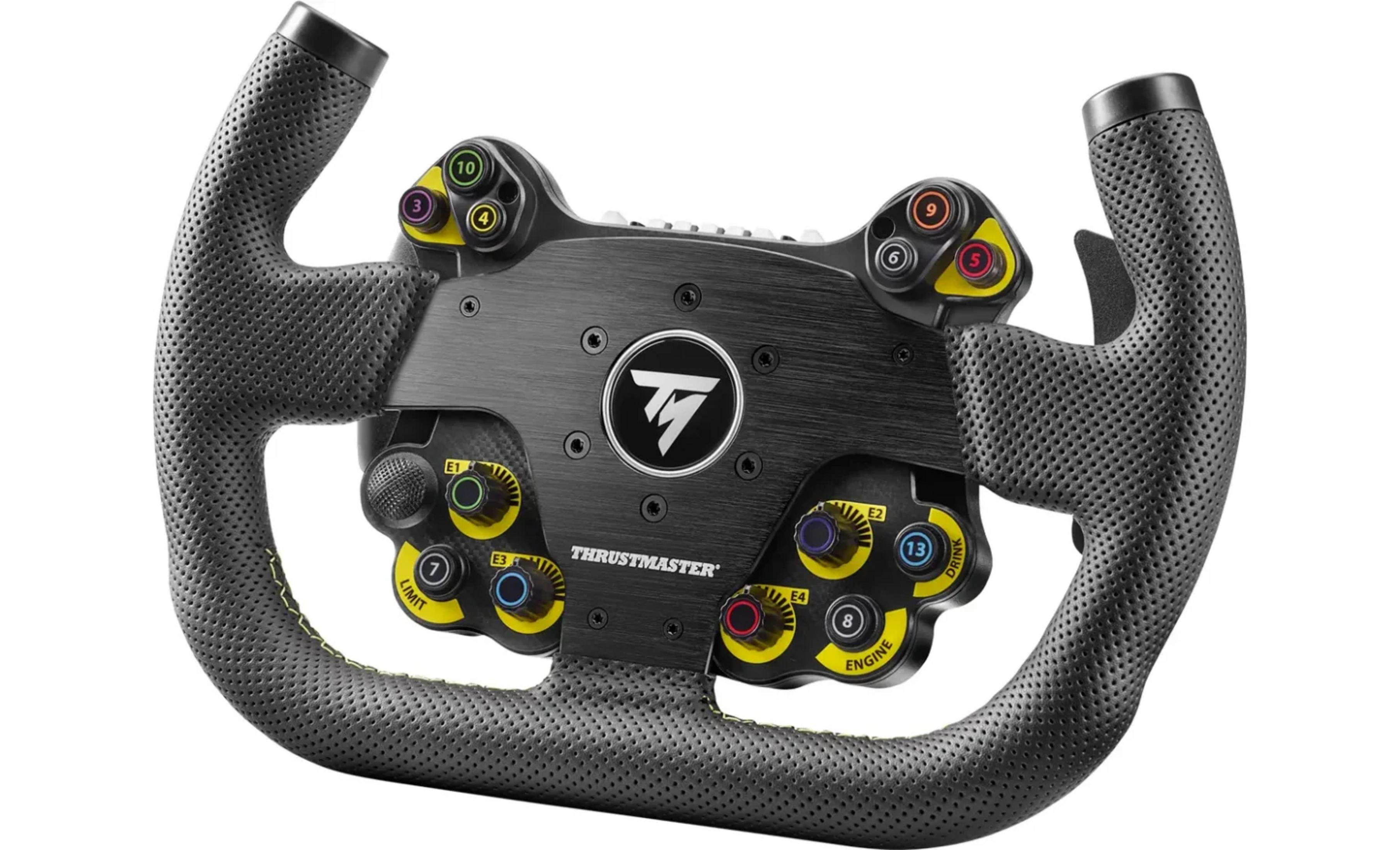Un volante da corsa Thrustmaster nero con accenti gialli e molti pulsanti.