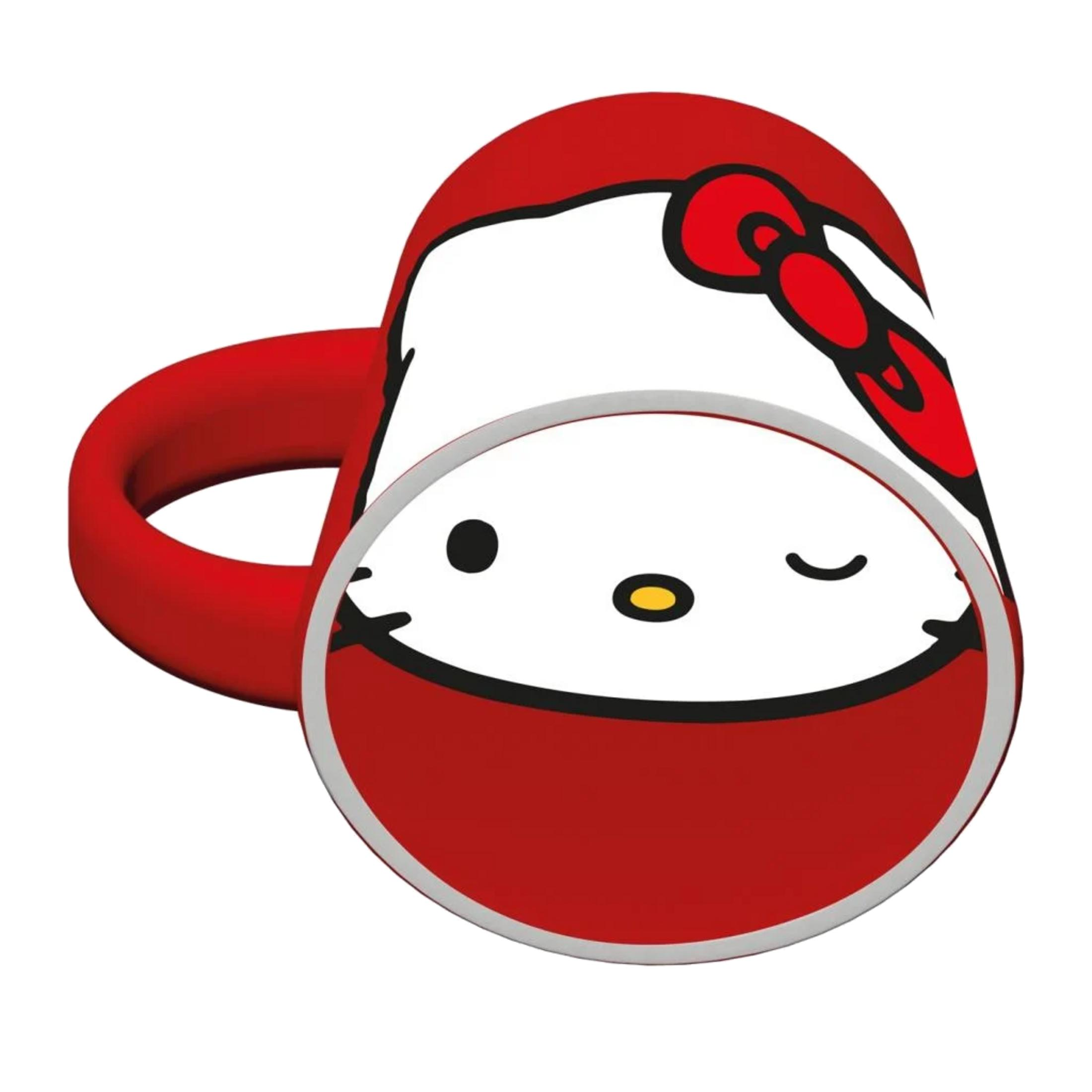 Taza roja de Hello Kitty con lazo y ojos.