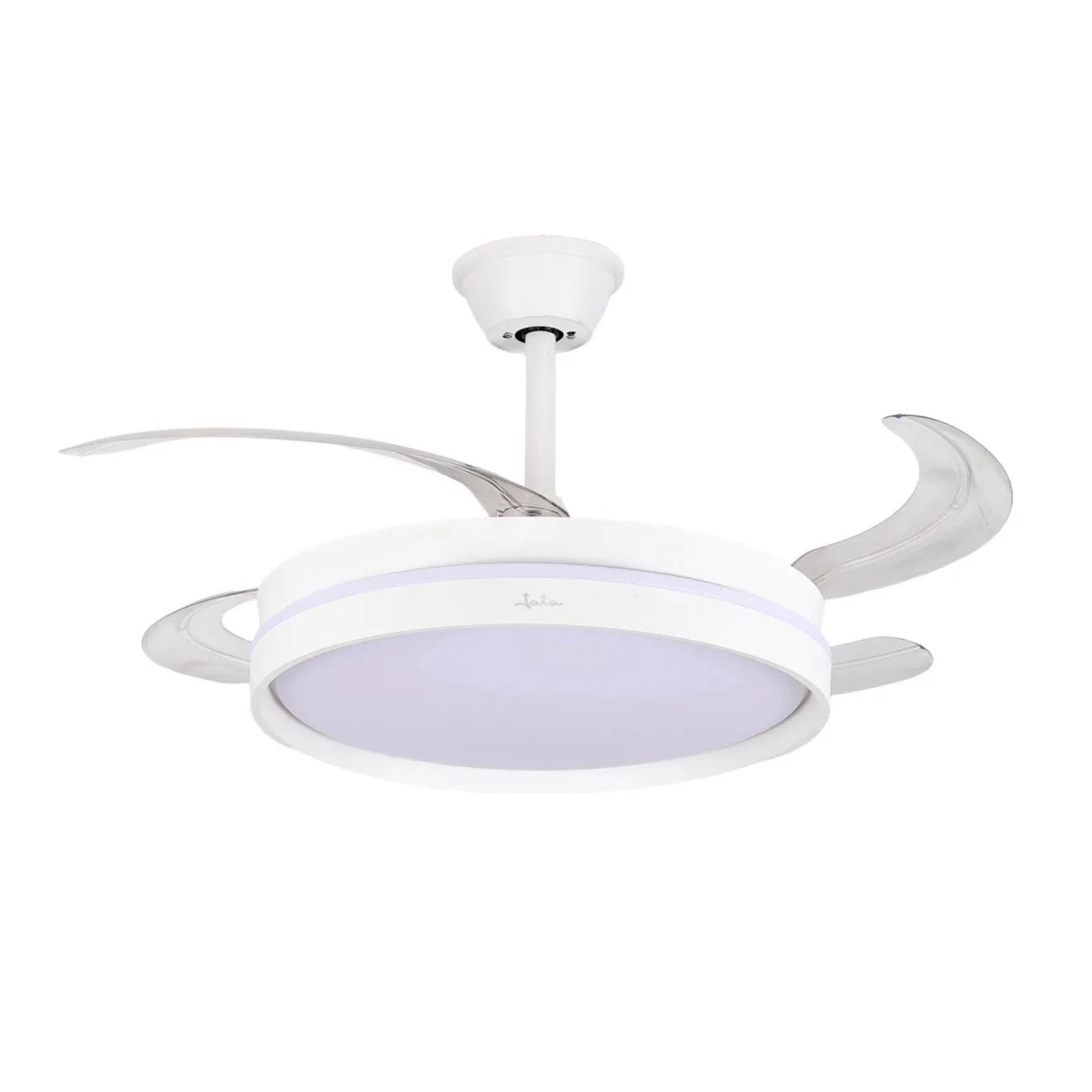 Un ventilador de techo blanco y moderno con aspas transparentes retráctiles y luz LED integrada.