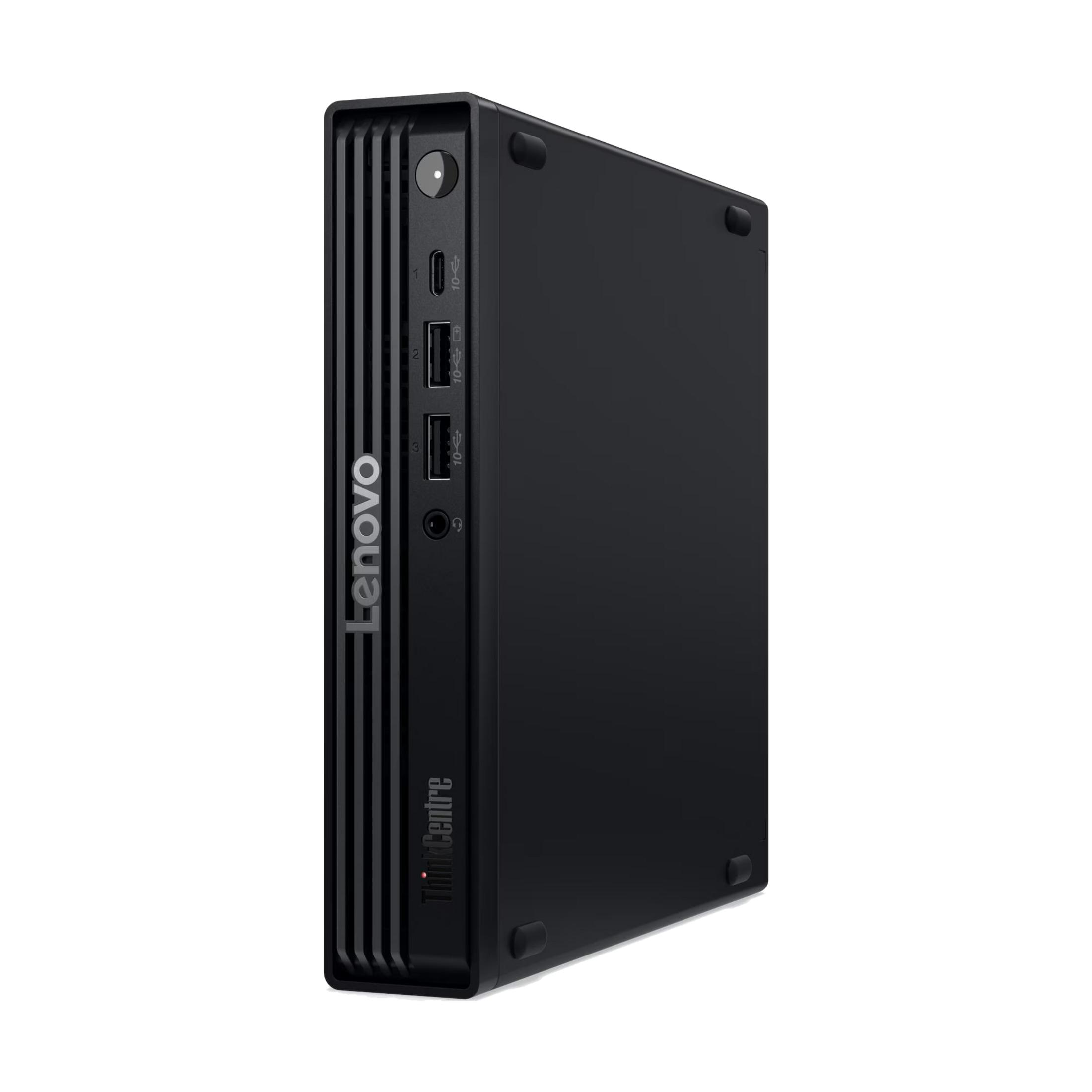 Mini PC negro Lenovo ThinkCentre con puertos USB y botón de encendido.