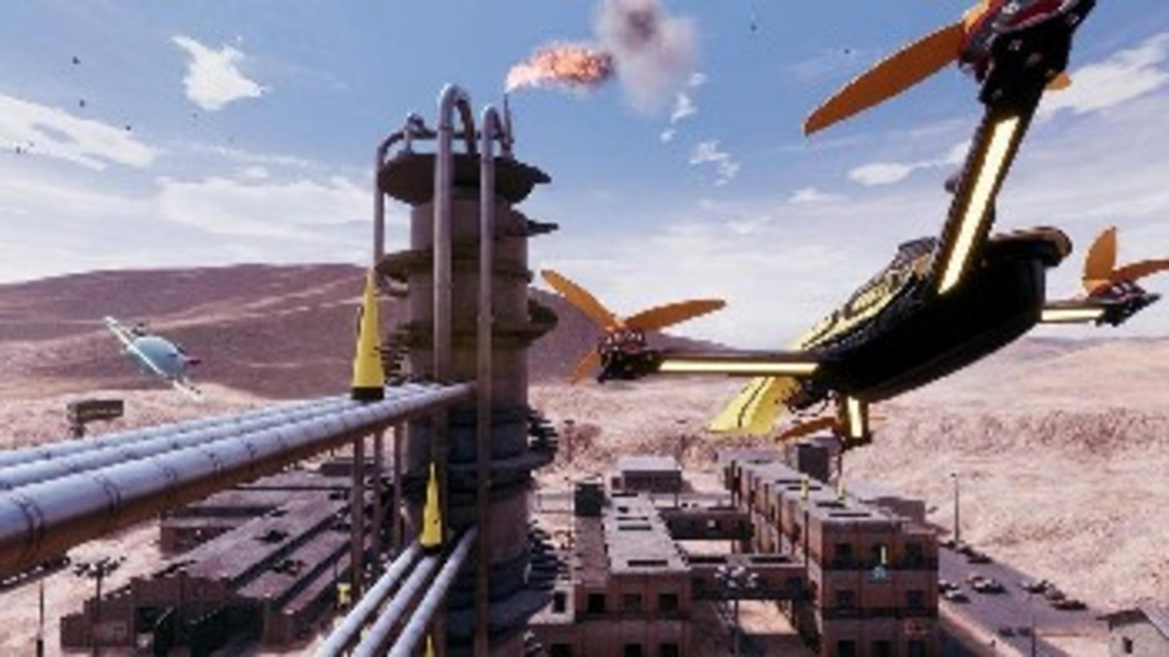Una fabbrica futuristica con veicoli volanti e gas in fiamme.