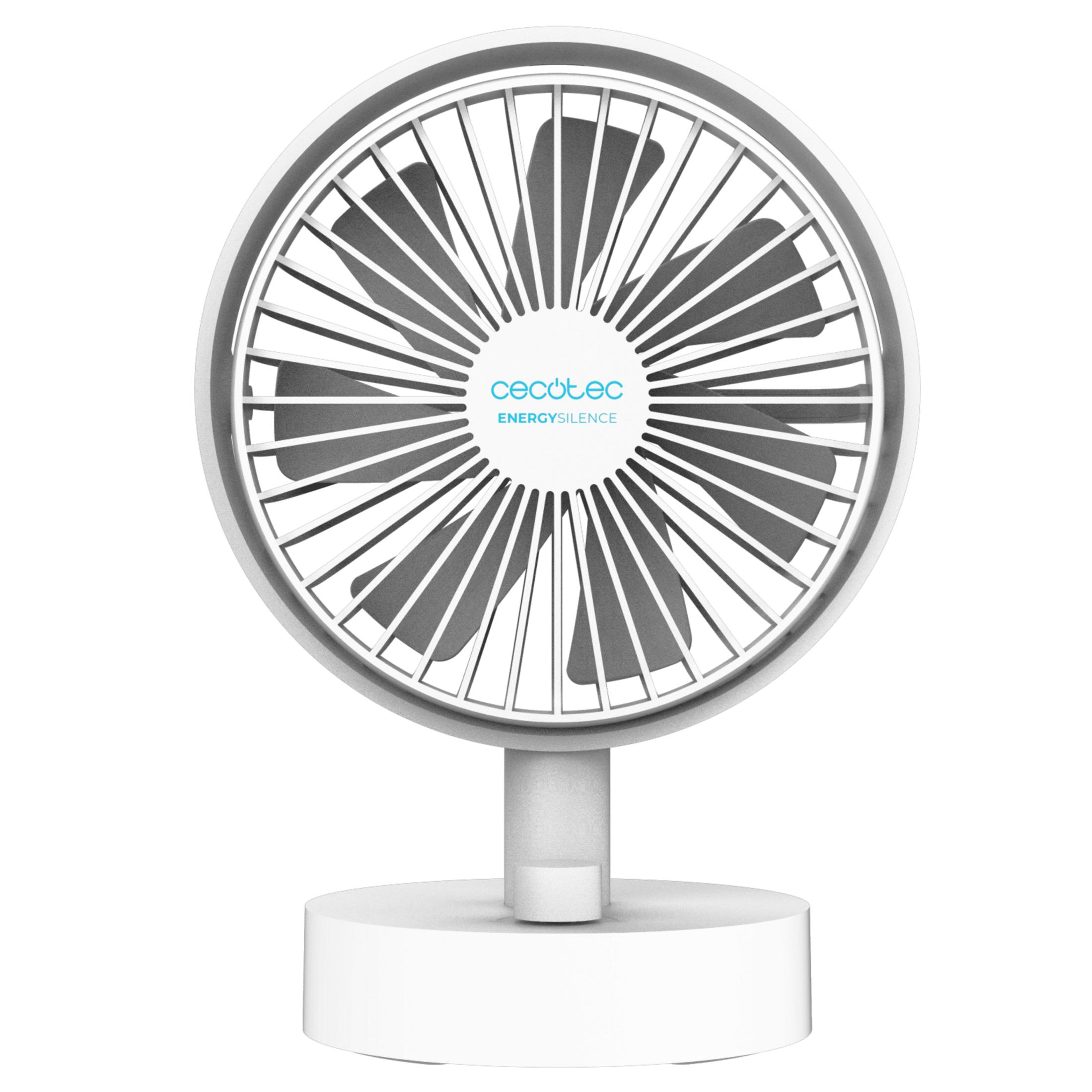 Un ventilatore da tavolo bianco con logo CEC e pale scure.