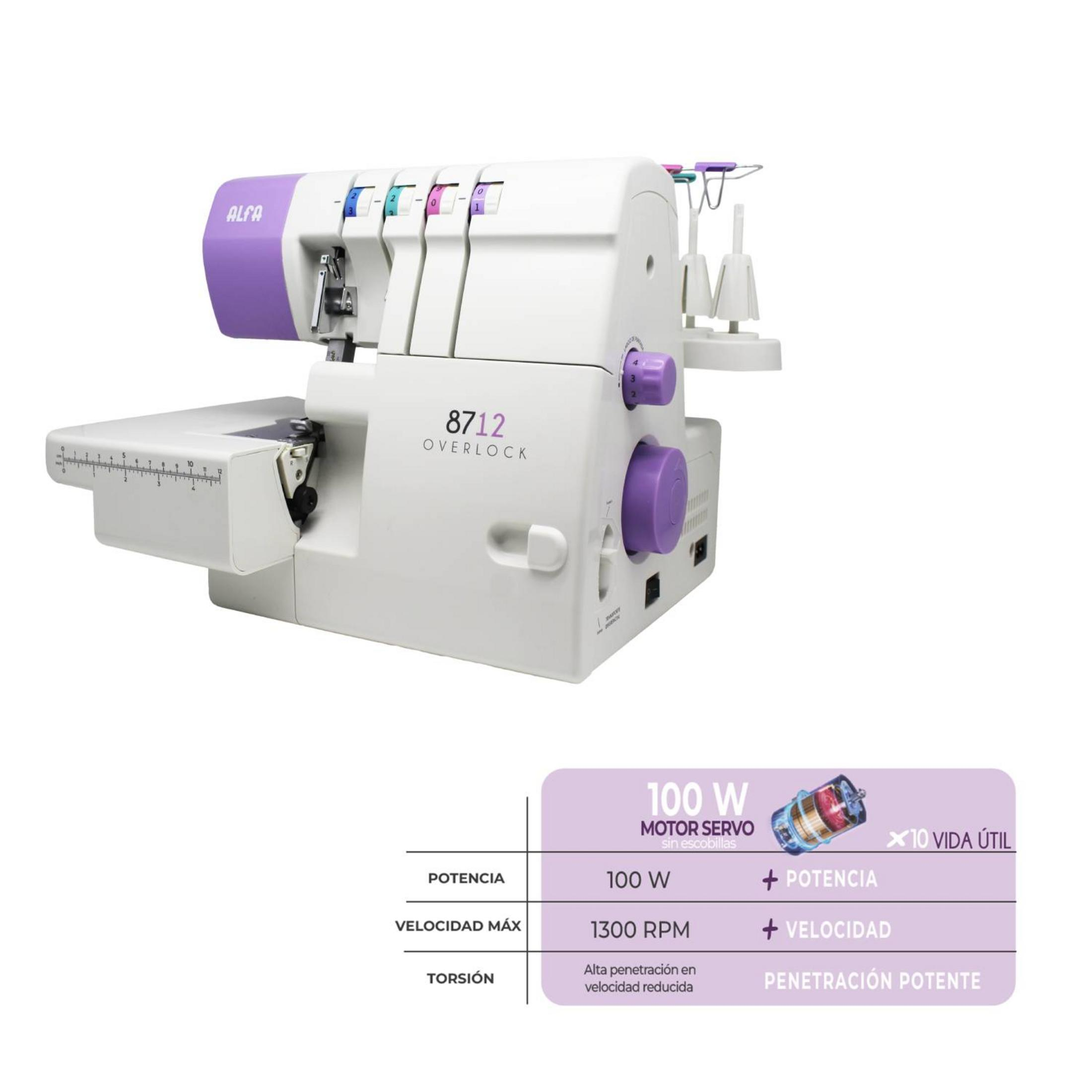 Máquina de coser overlock blanca ALFA 8712 con detalles morados y guía de mediciones.