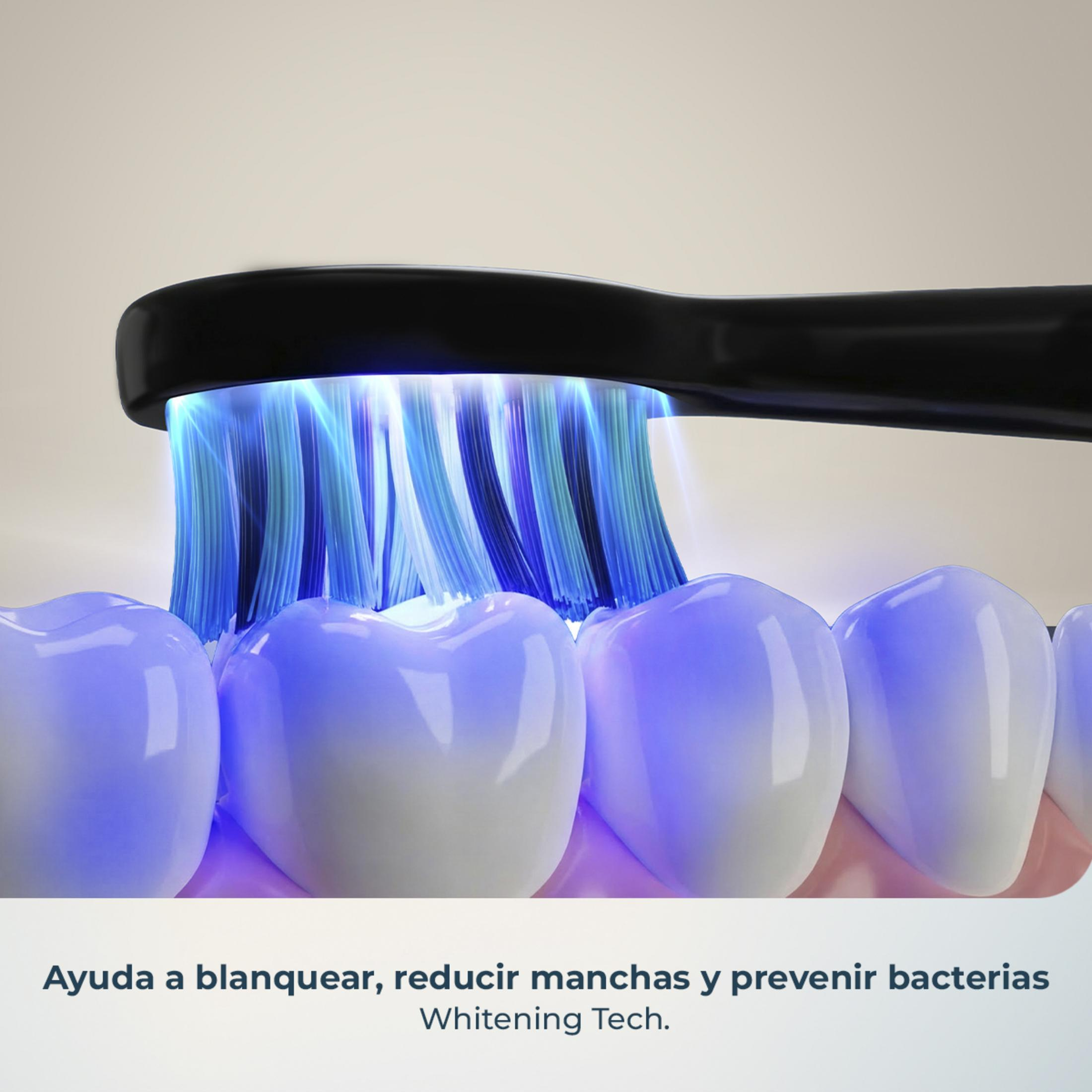 Una testina di spazzolino nera con setole blu pulisce denti bianchi.