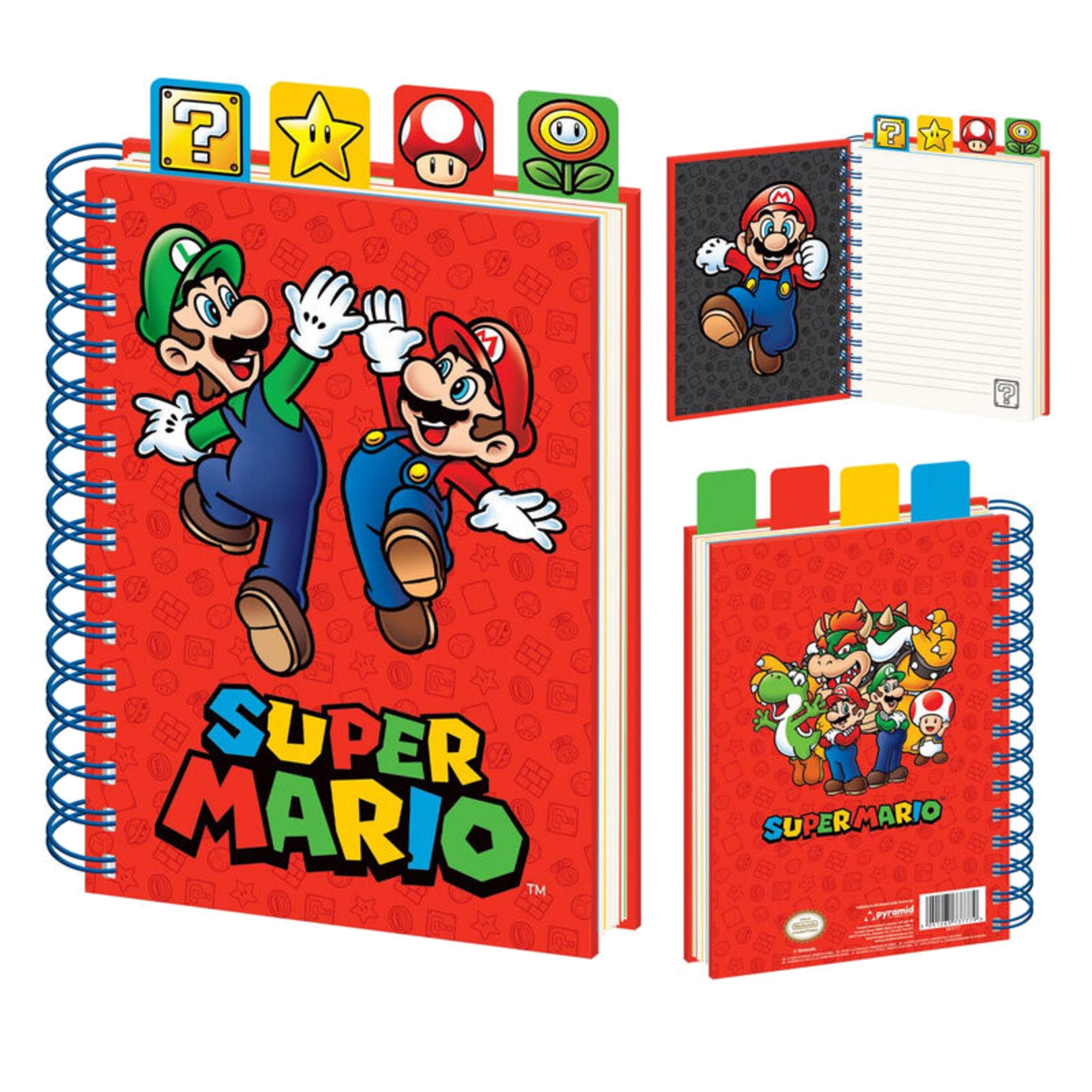 Notesy Super Mario z postaciami Luigiego, Mario, Bowsera, Yoshi i Toad. Zawierają ikoniczne elementy gry.