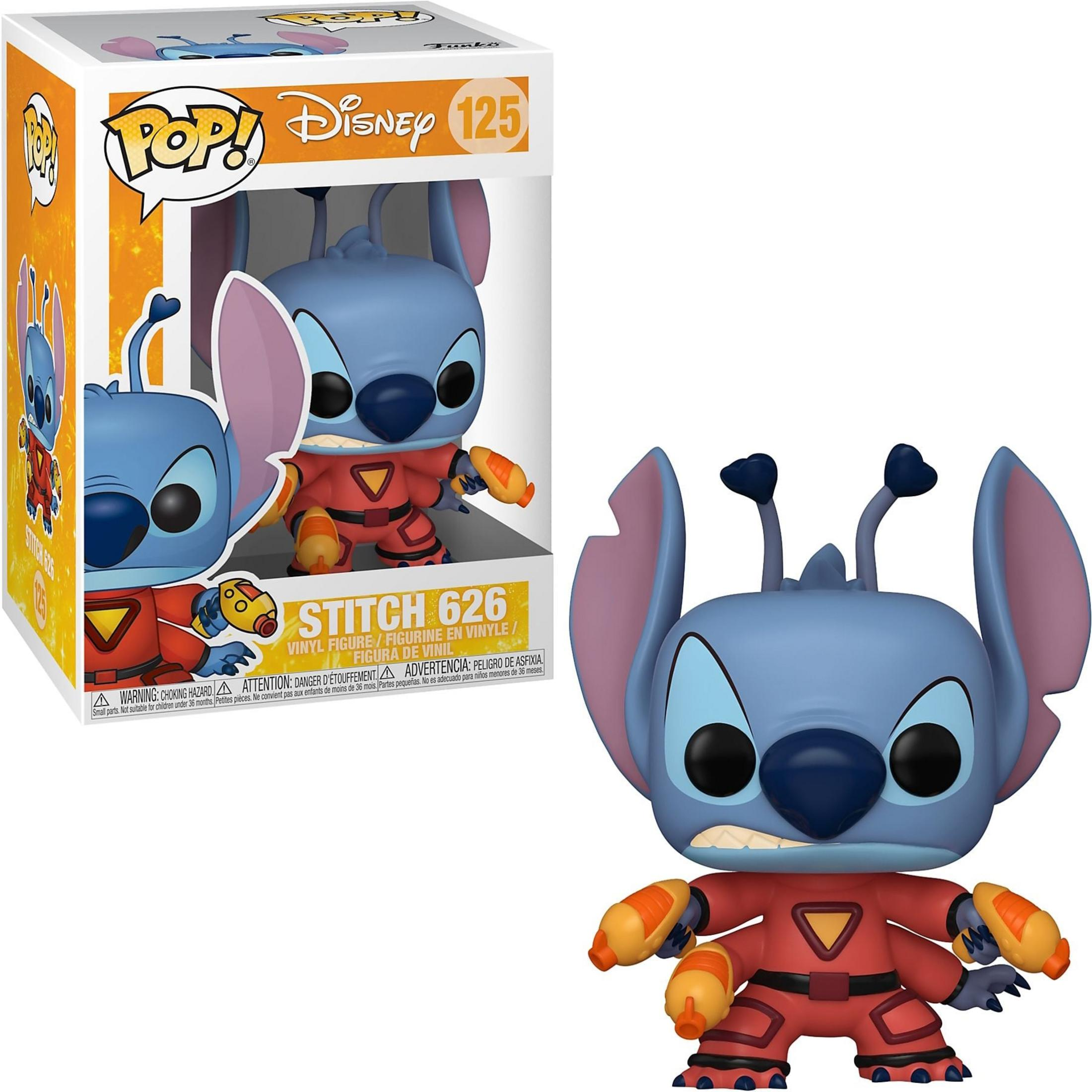 Figura blu di Stitch in tuta rossa con blaster arancioni.