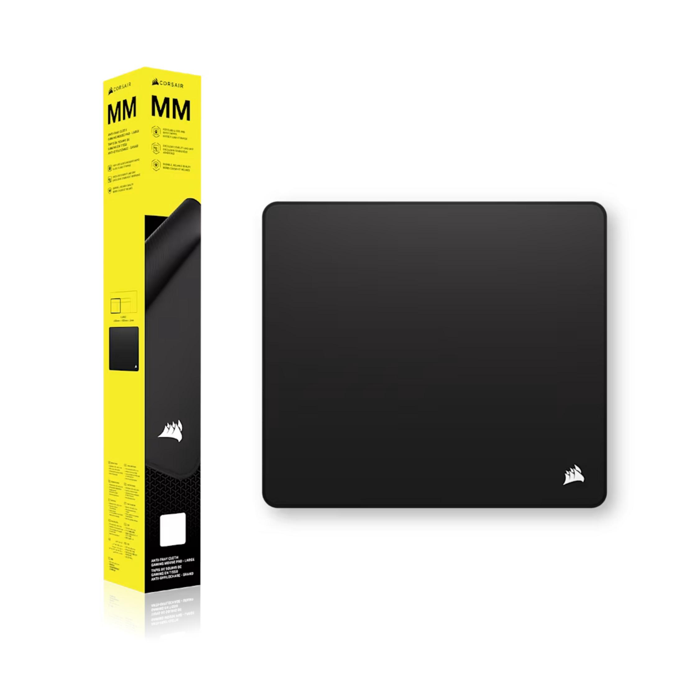 Schwarzes Corsair Gaming Mauspad und gelbe Verpackung mit Logo.