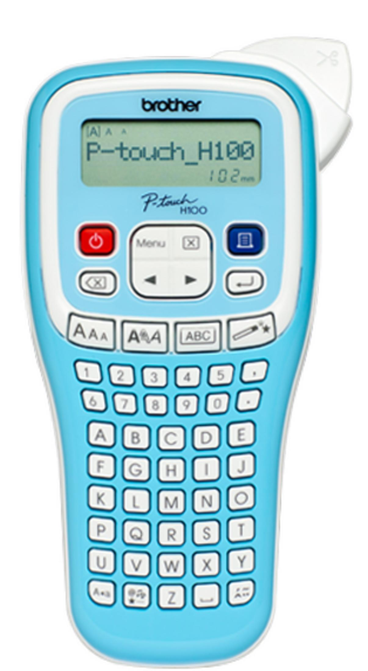 Ein hellblauer Brother P-Touch H100 Beschriftungsdrucker mit Tastatur und LCD-Bildschirm.