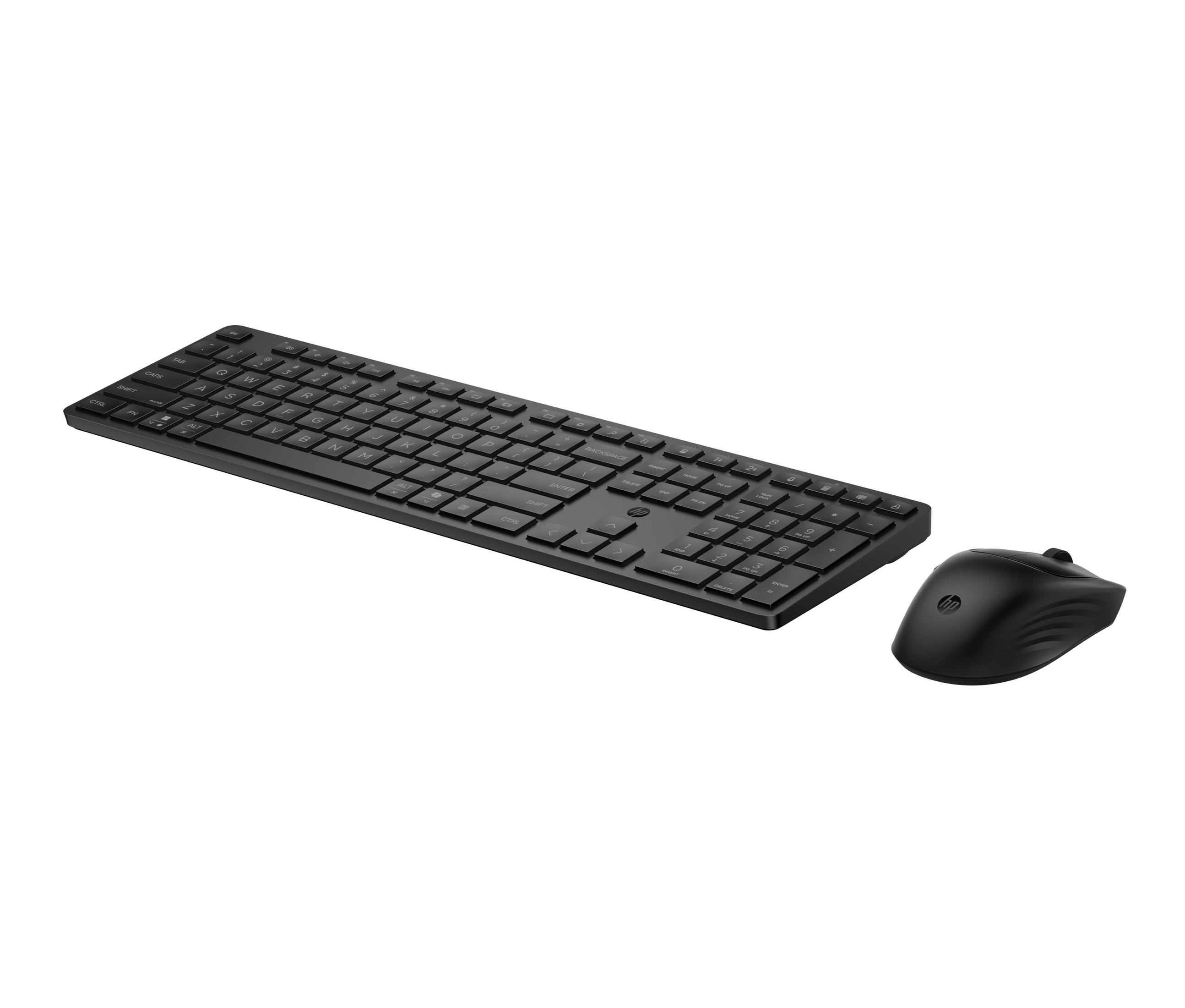 Tastiera e mouse HP neri su sfondo bianco.