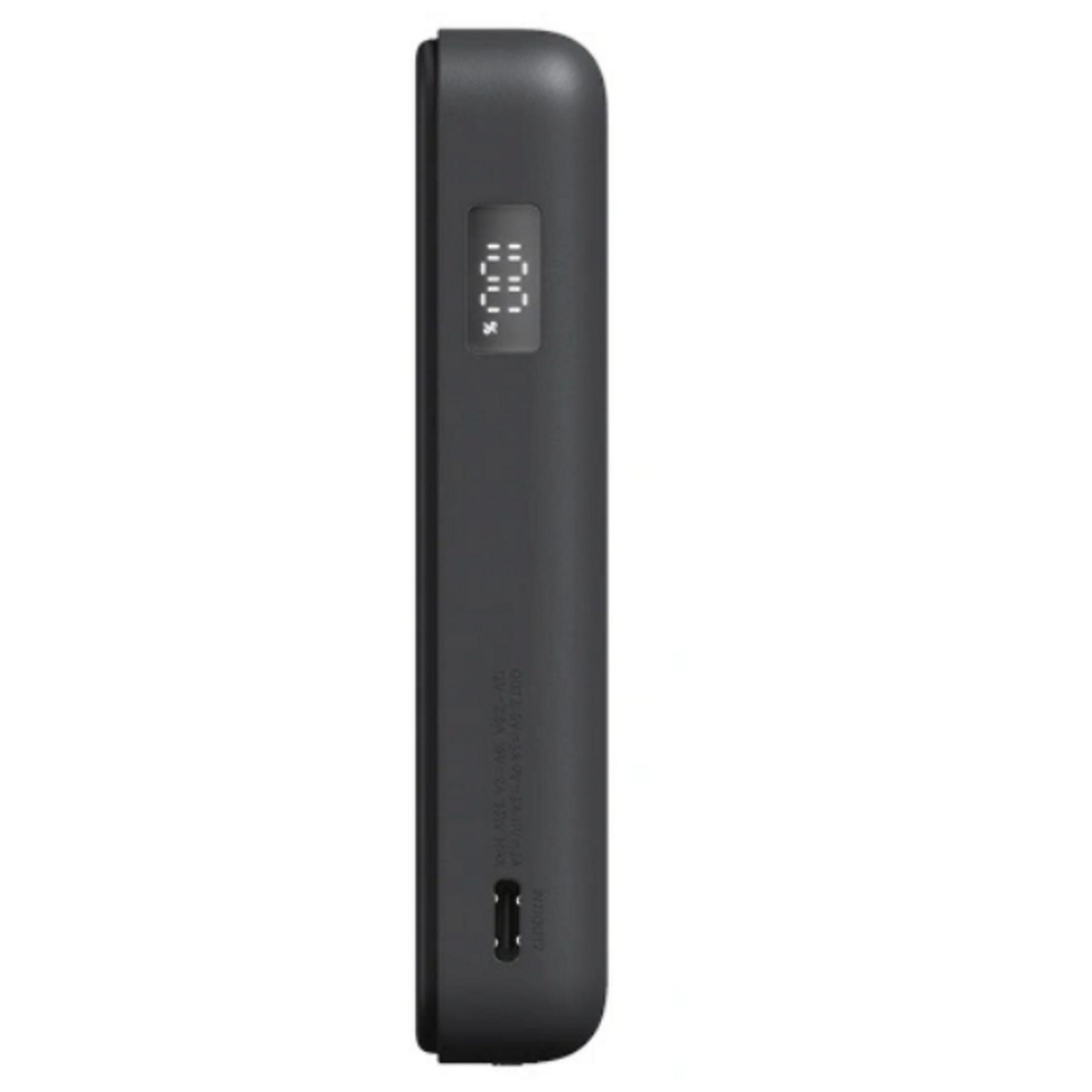 Schwarzes Powerbank mit 100% Ladeanzeige und USB-C-Anschluss.