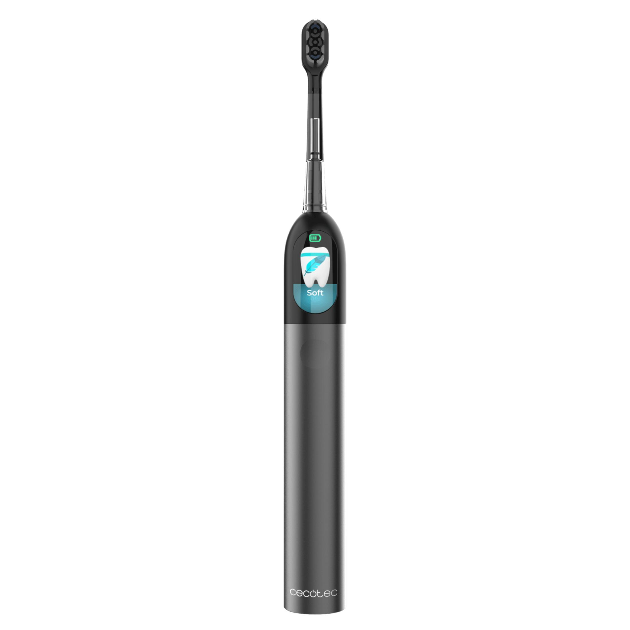 Uno spazzolino elettrico scuro con luce blu e icona di dente.