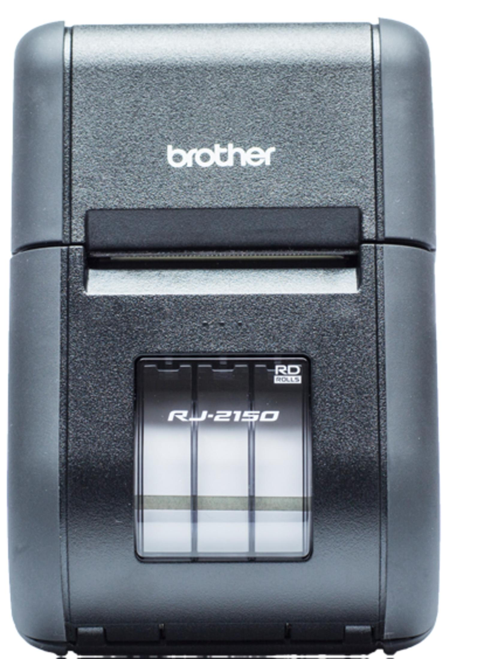 Una stampante per etichette Brother RJ-2150 nera con finestra.