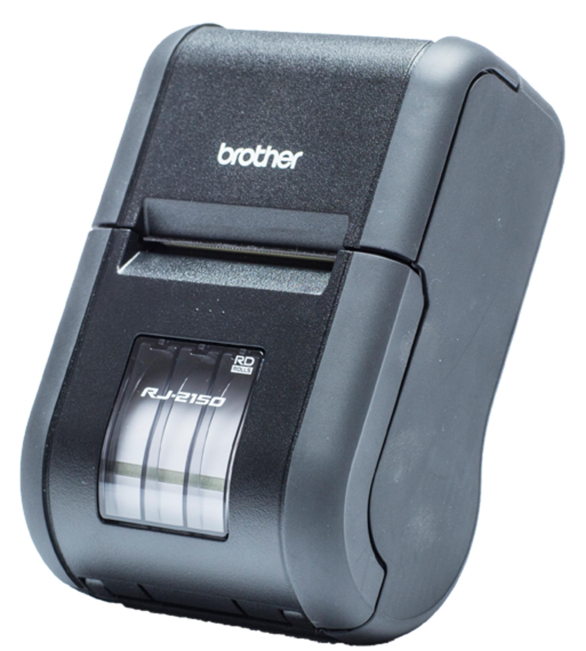 Una stampante termica Brother RJ-2150 nera con scomparto visibile per rotolo etichette.