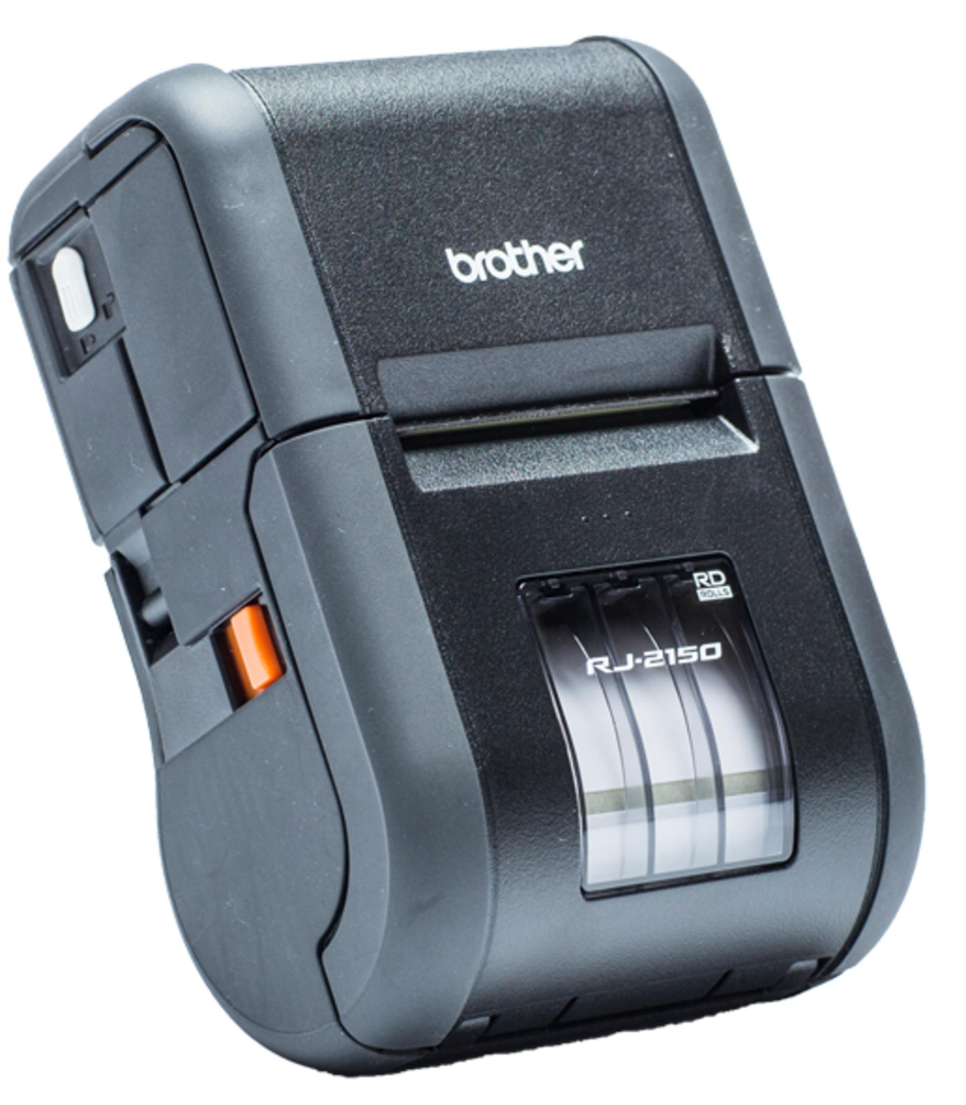 Una stampante di etichette Brother RJ-2150 nera con pulsante bianco e leva arancione.