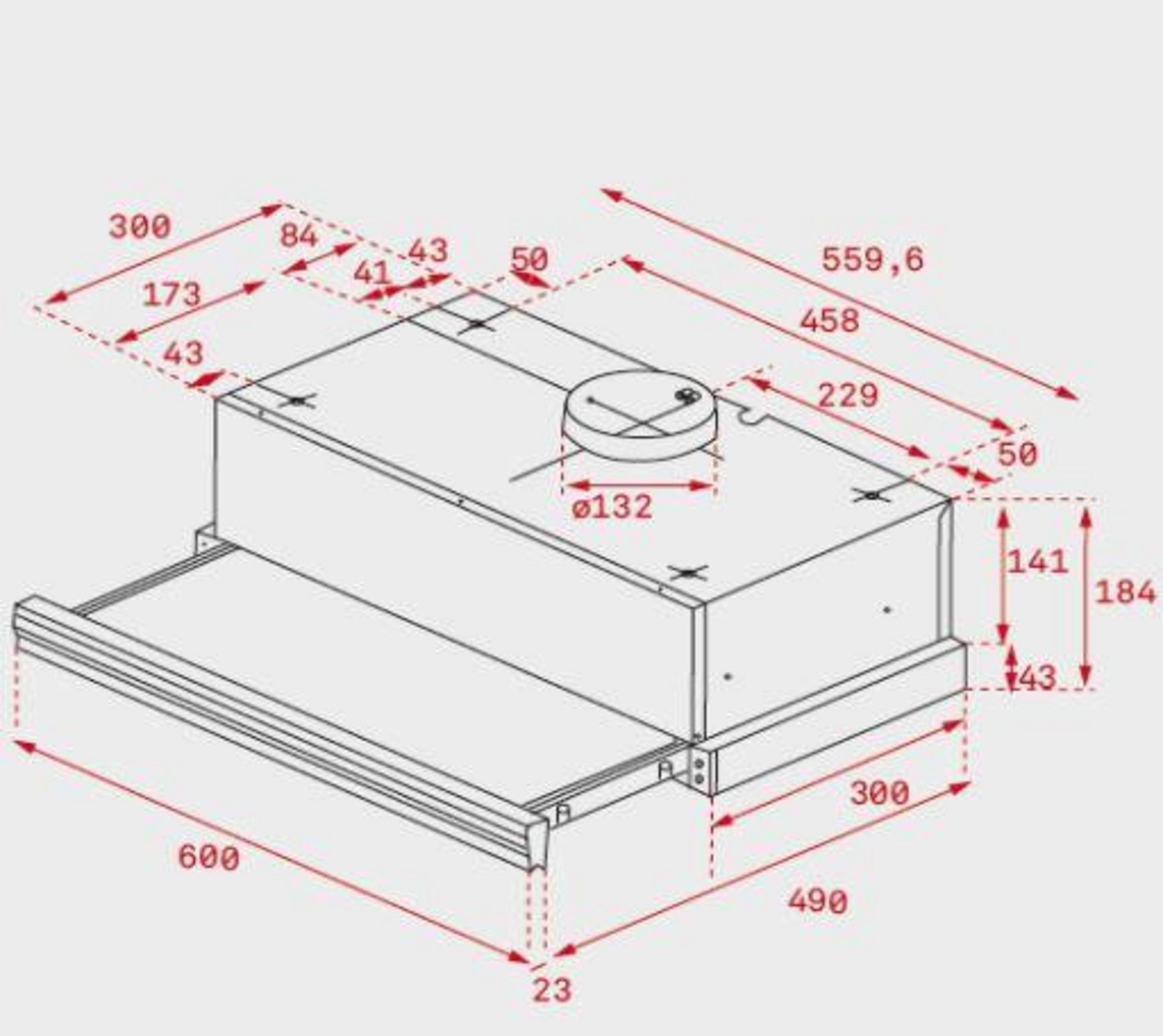 Dibujo técnico de una campana extractora con dimensiones.