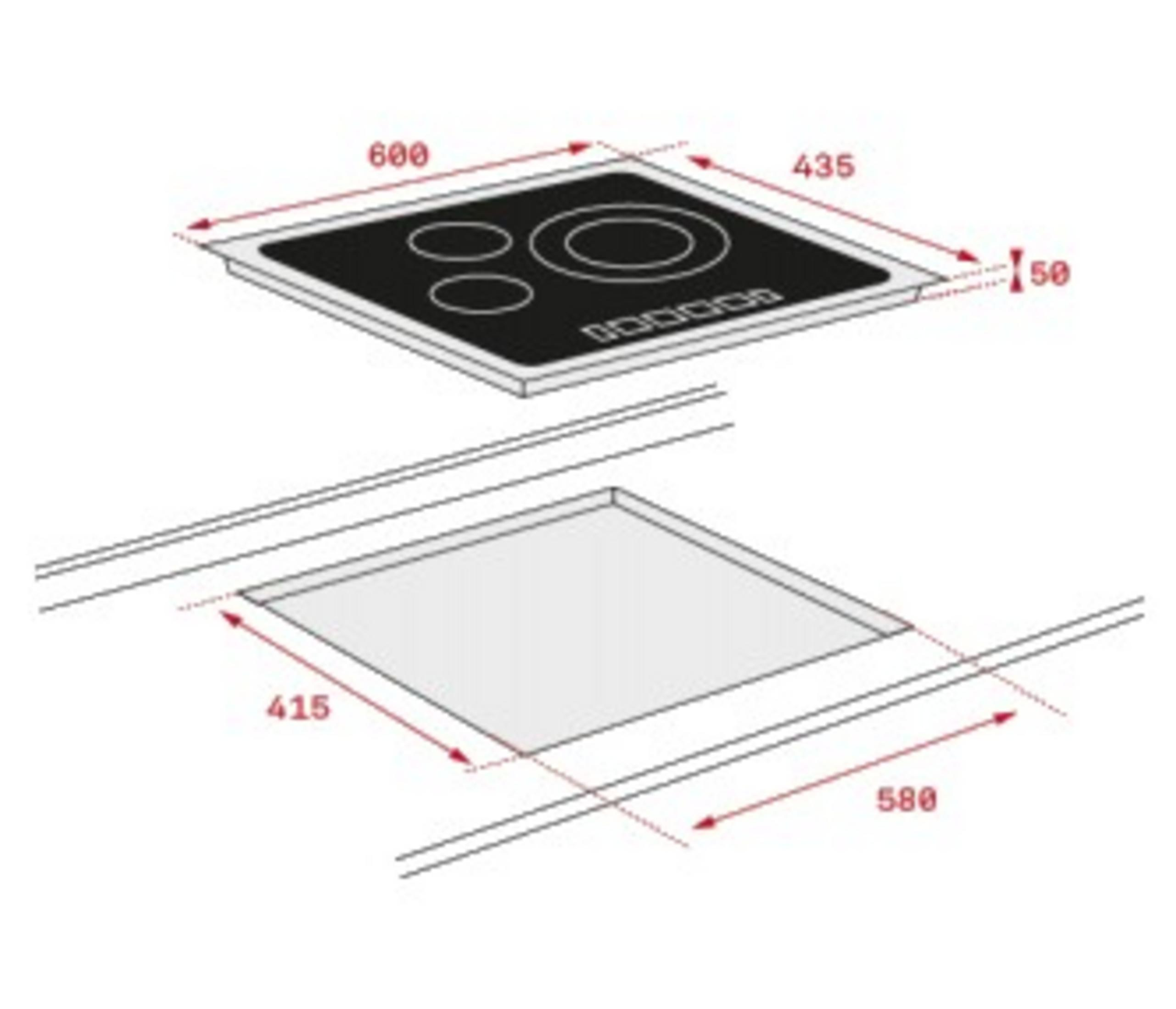 Schemat przedstawiający wymiary czarnej płyty indukcyjnej i jej wycięcia. Płyta 600x435mm, wysokość 50mm. Wycięcie 415x580mm.