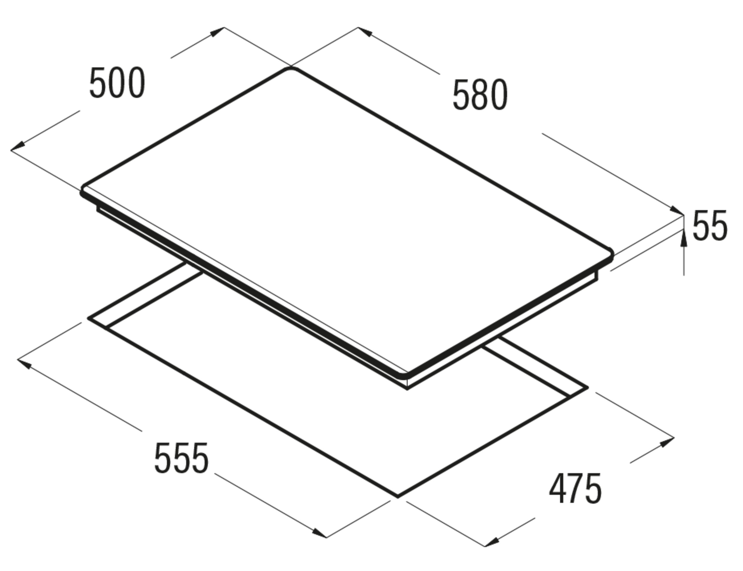 Rysunek techniczny płyty grzewczej o wymiarach 500x580x55mm.
