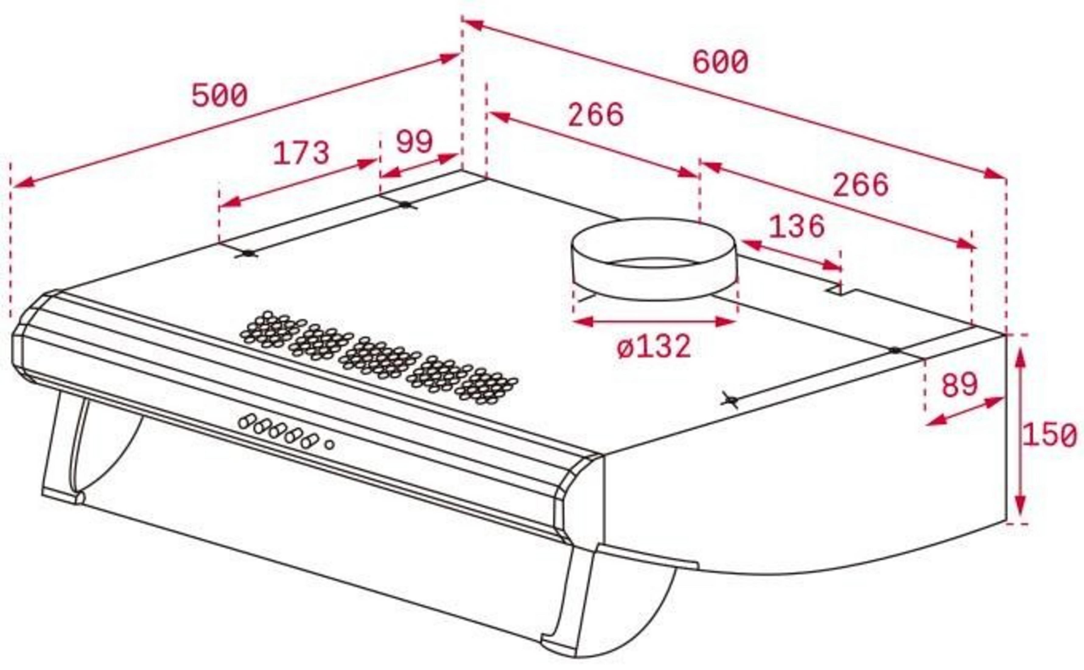 Disegno tecnico di una cappa aspirante con dimensioni in mm.