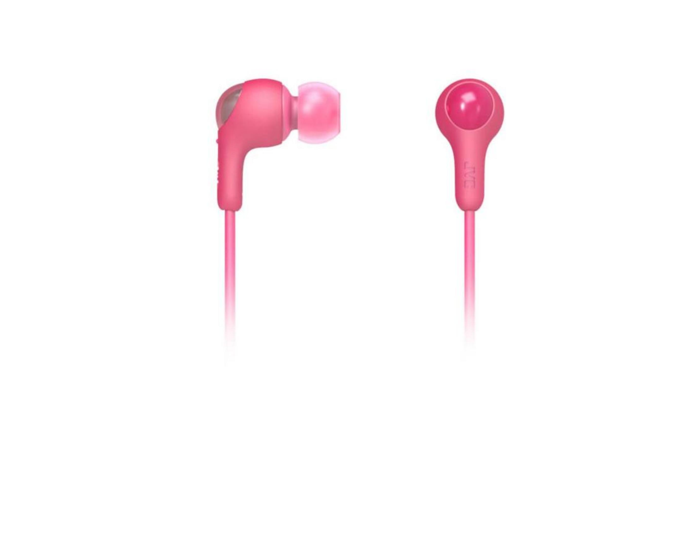 Due auricolari rosa con cavo su sfondo bianco.