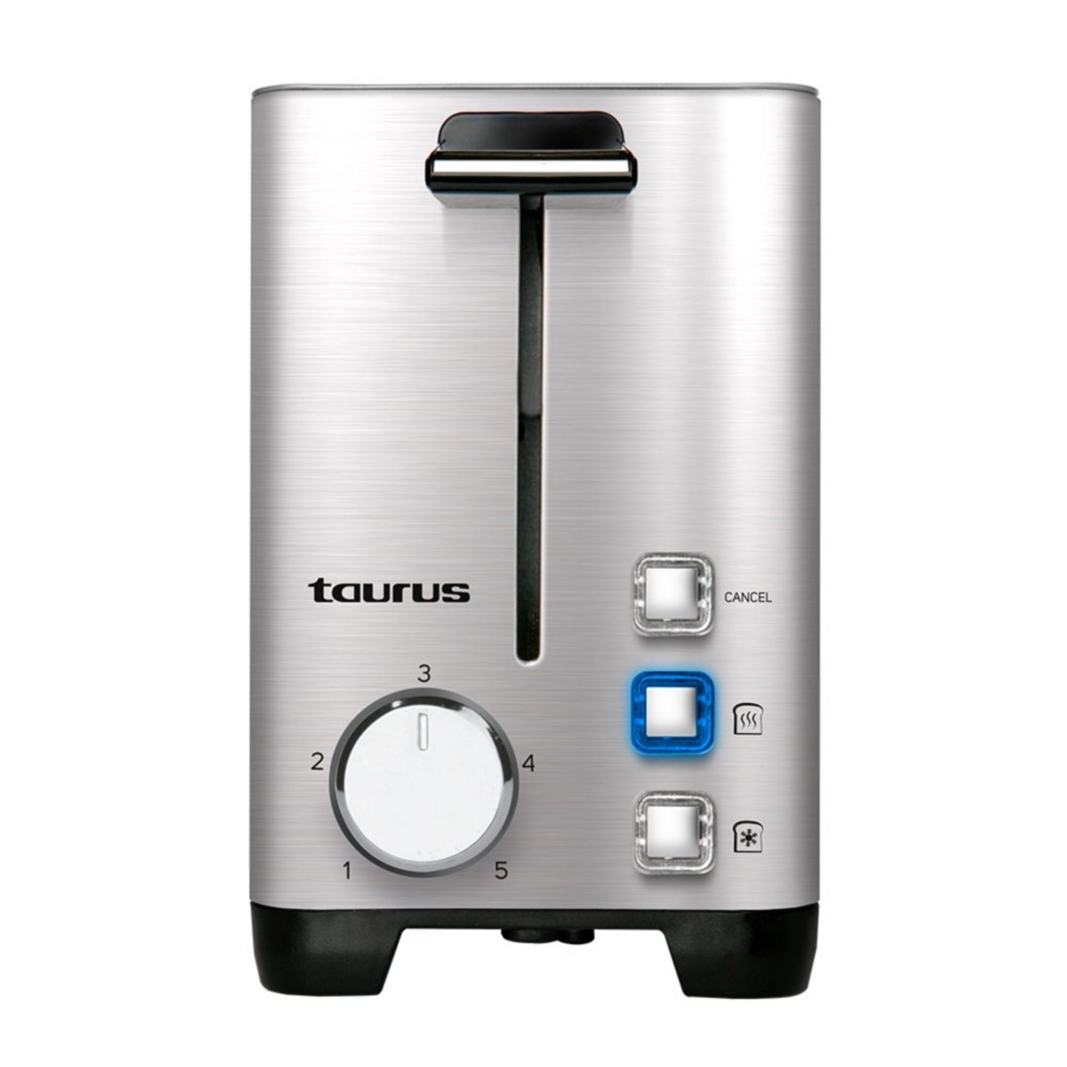 Silberner 2-Schlitz-Toaster mit schwarzem Hebel und Bedienelementen.
