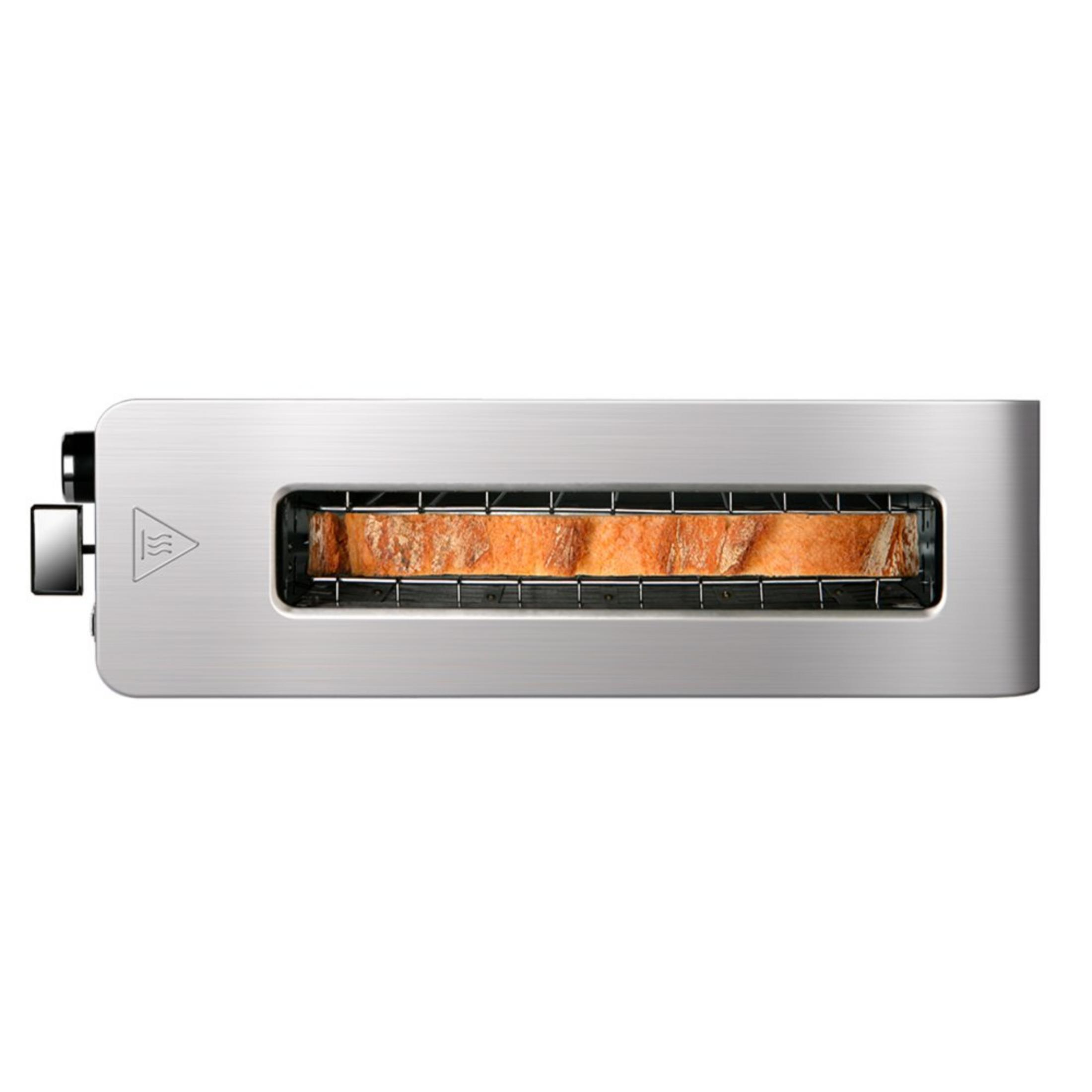 Ein silberner Toaster mit einem Toastbrot drin.