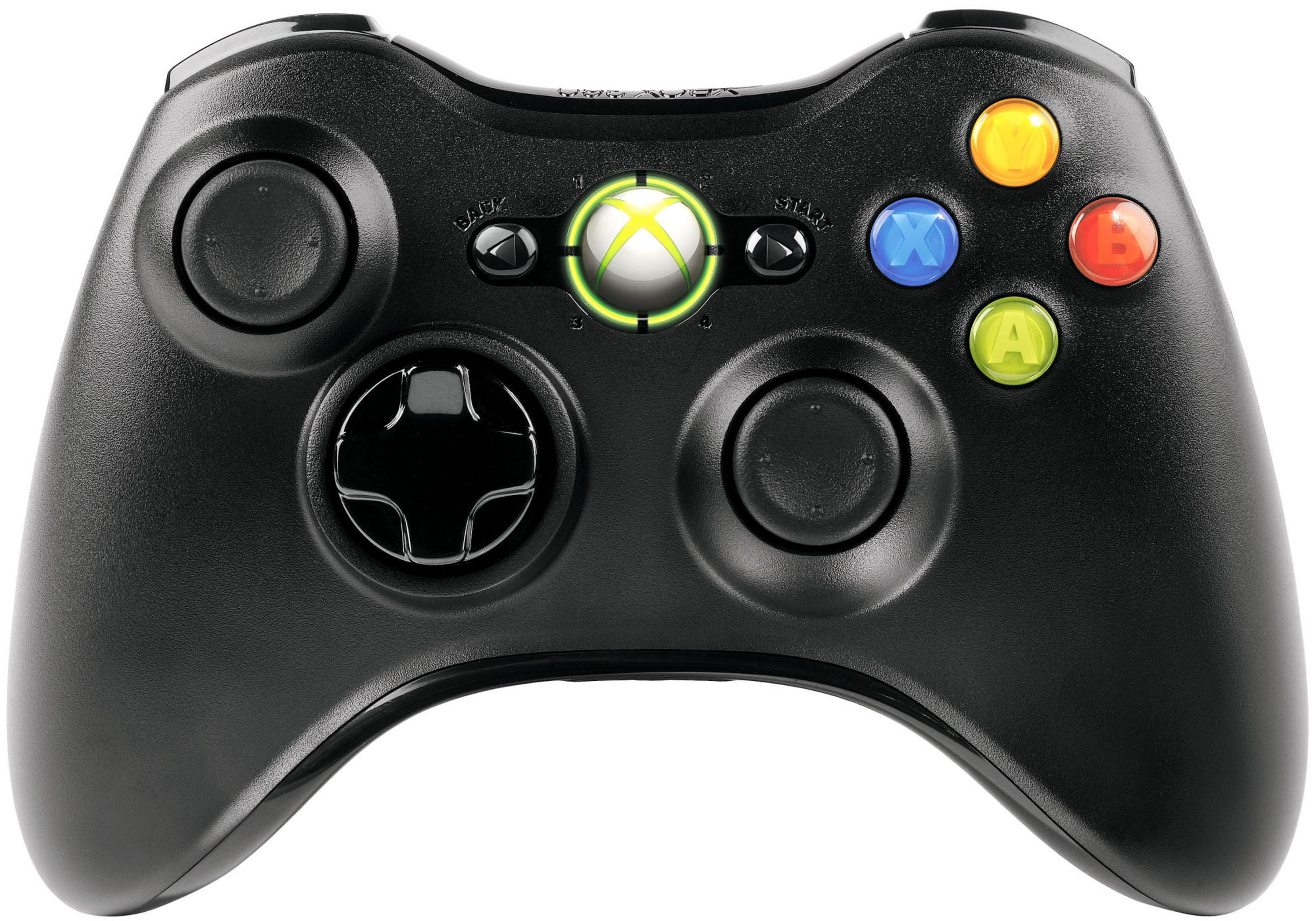 Schwarzer Xbox 360 Controller mit leuchtendem Xbox-Logo und bunten Knöpfen.