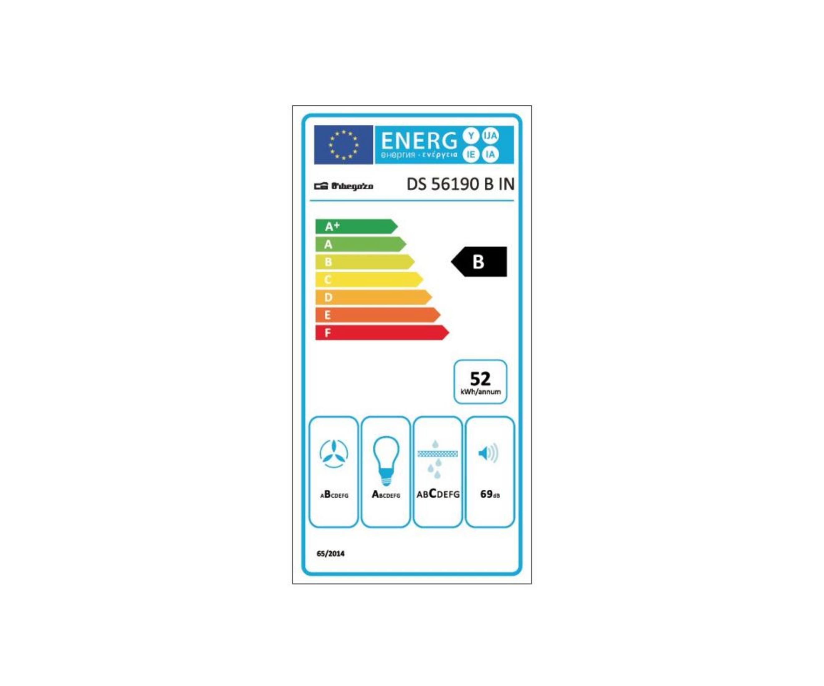 Etichetta efficienza energetica: B. Consumo annuale 52 kWh. Livello sonoro 69 dB.