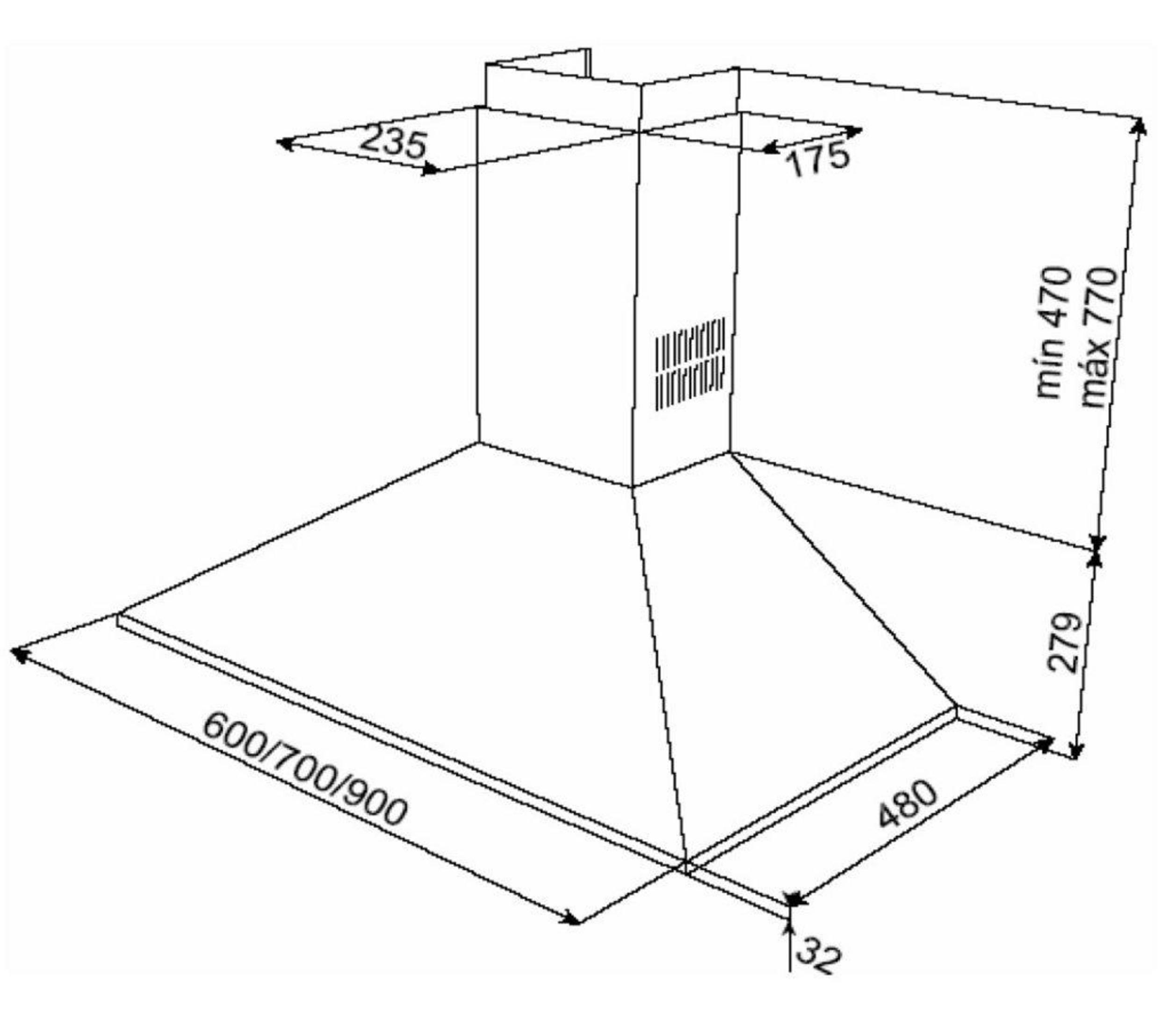 Dibujo técnico de una campana extractora con dimensiones.