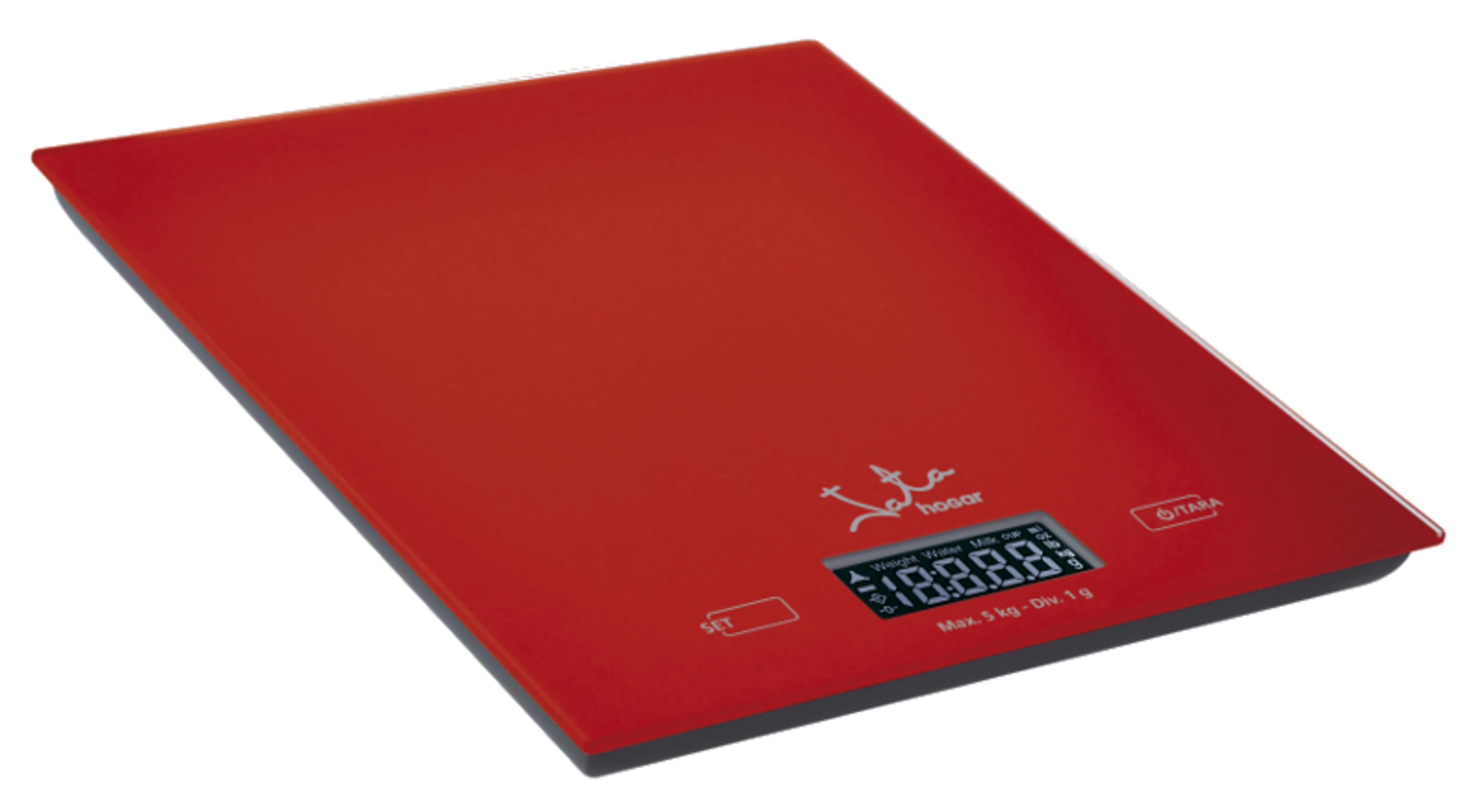Una bilancia da cucina digitale rossa con display e pulsanti su sfondo bianco.