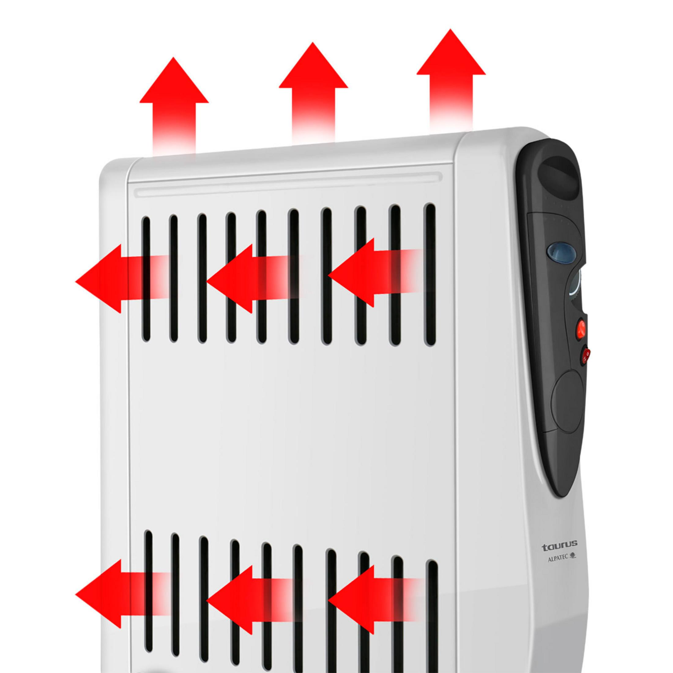 Un radiador blanco con flechas rojas que indican calor hacia arriba y los lados.